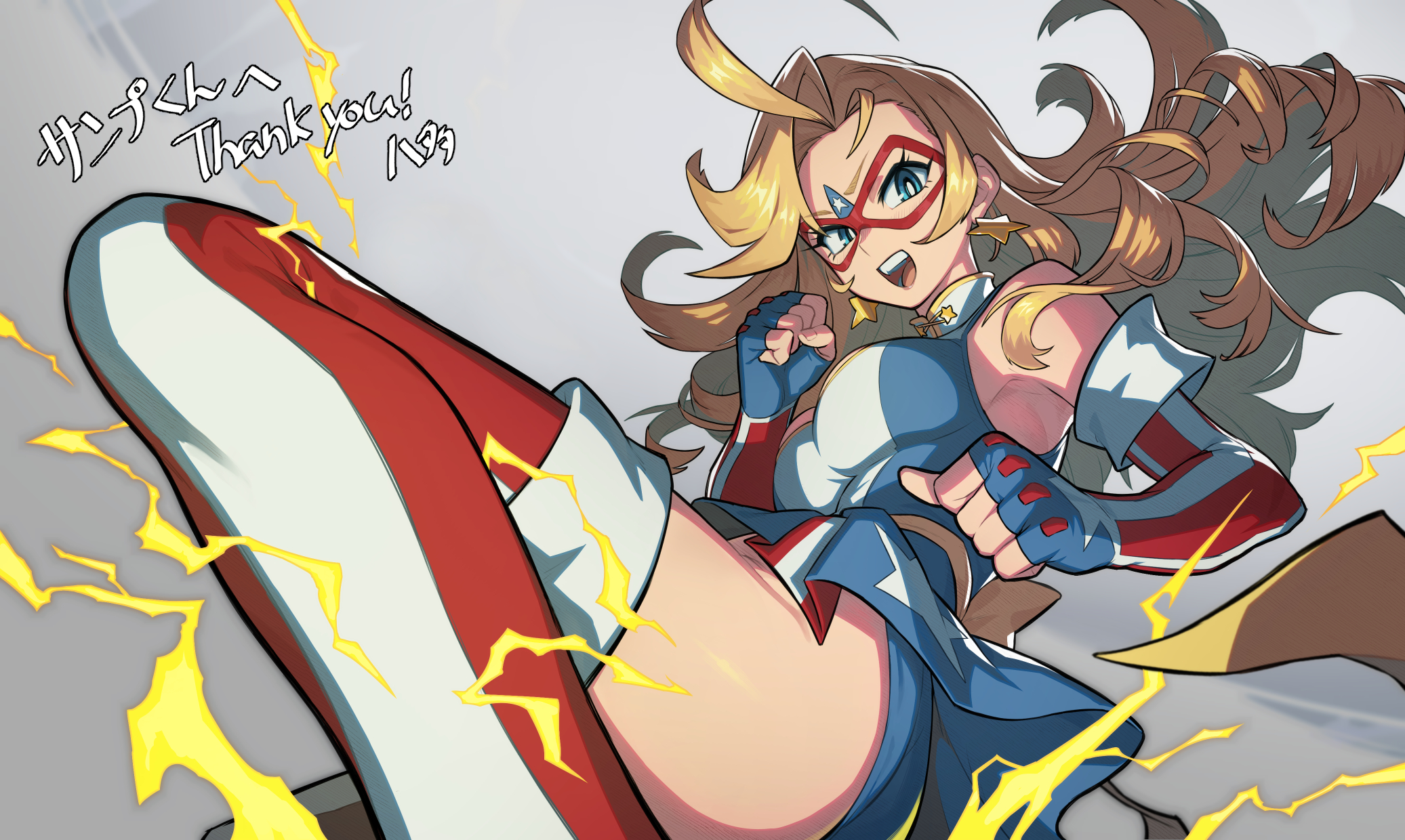 hata4564, kamen america, kamen america (comic), commission, highres, skeb commission, ahoge, american flag, american flag print, blonde hair, blue eyes, blue leotard, blue skirt, boots, breasts, clenched hands, domino mask, earrings, elbow gloves, electricity, eye mask, fingerless gloves, flag print, gloves, grey background, jewelry, leotard, long hair, mask, medium breasts, miniskirt, open mouth, skirt, star (symbol), star earrings, teeth, thigh boots, upper teeth only