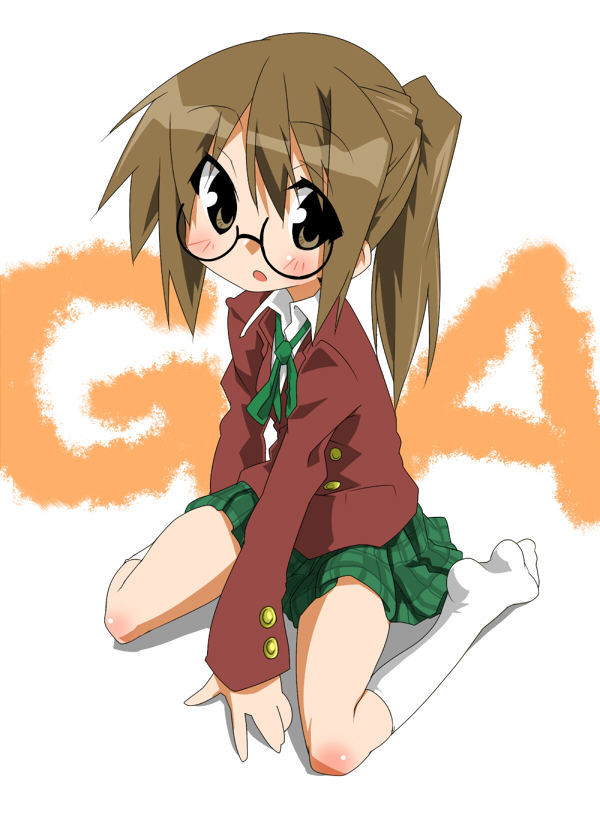 takeya yuuki, yamaguchi kisaragi, ga geijutsuka art design class, 00s, 1girl, bad anatomy, bad feet, blush, brown eyes, brown hair, feet, female focus, glasses, kneehighs, kneeling, plaid clothes, plaid skirt, ponytail, poorly drawn, school uniform, skirt, socks, solo