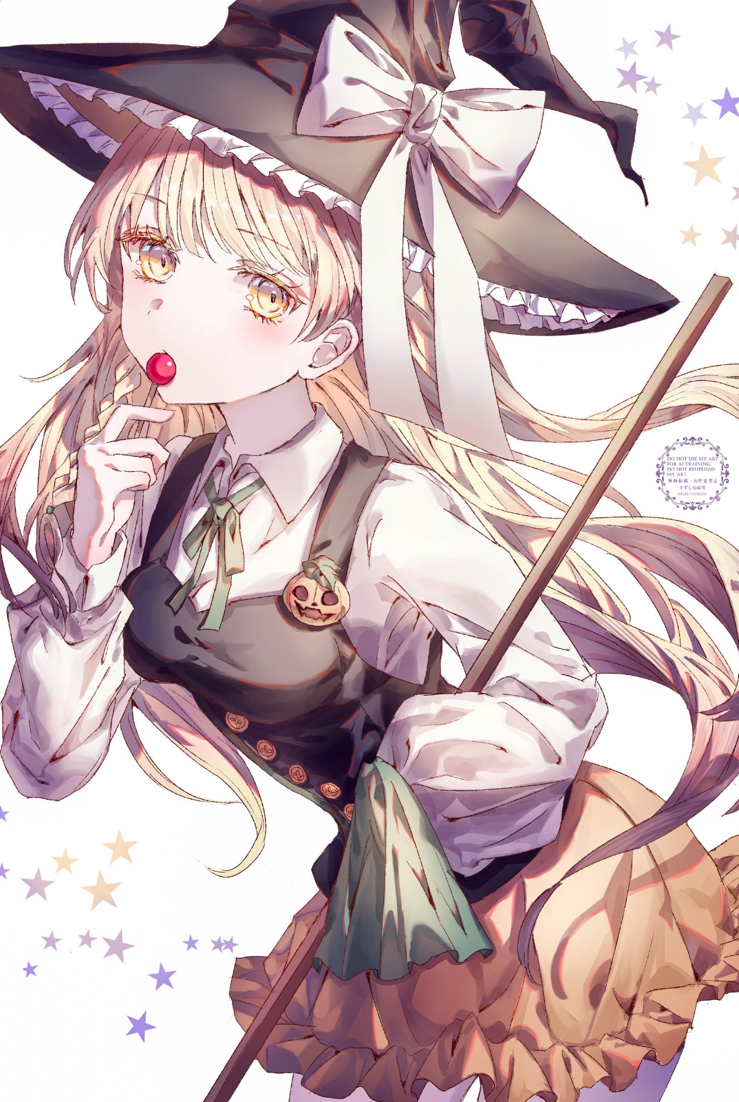 suzushina, kirisame marisa, touhou, commentary, highres, symbol-only commentary, 1girl, alternate costume, black vest, blonde hair, bow, braid, breasts, broom, candy, collared shirt, eating, food, green ribbon, hair bow, halloween costume, hat, hat bow, holding, holding broom, holding candy, holding food, holding lollipop, jack-o'-lantern ornament, lollipop, long hair, long sleeves, looking at viewer, neck ribbon, orange skirt, ribbon, shirt, side braid, single braid, skirt, solo, star (symbol), very long hair, vest, watermark, white bow, white shirt, witch hat, yellow eyes