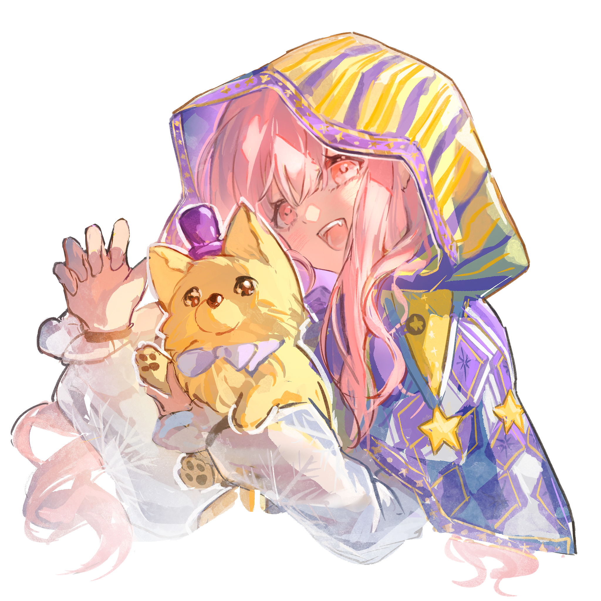 nikki (nikki), perfect start (infinity nikki), infinity nikki, nikki (series), highres, 1girl, animal, argyle cloak, argyle clothes, claw pose, cloak, clothed animal, cropped torso, dog, dot nose, eyelashes, fang, frilled sleeves, frills, hair between eyes, happy, holding, holding animal, holding dog, hood, hood up, hooded cloak, light blush, long hair, long sidelocks, looking at viewer, low twintails, open mouth, pink eyes, pink hair, print cloak, print sleeves, purple cloak, see-through clothes, see-through sleeves, shiliuye420, shirt, sidelocks, smile, snowflake print, solo, star (symbol), star print, striped clothes, teeth, transparent background, twintails, two-tone cloak, upper teeth only, vertical-striped cloak, vertical-striped clothes, very long hair, wavy hair, white shirt, yellow cloak