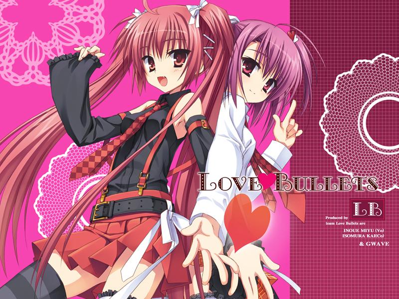 love bullets, jpeg artifacts, 2girls, multiple girls, necktie, purple hair, red hair, thighhighs, twintails