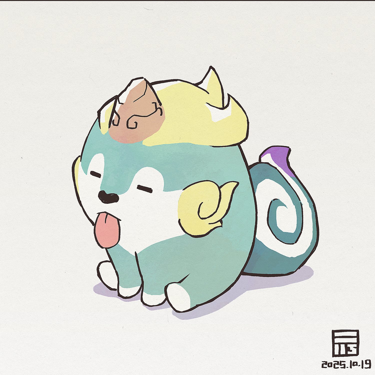 y koichi, tensui no sakuna-hime, commentary request, highres, :p, animal focus, closed eyes, closed mouth, dated, full body, no humans, simple background, sitting, solo, tama-jii, tongue, tongue out, white background