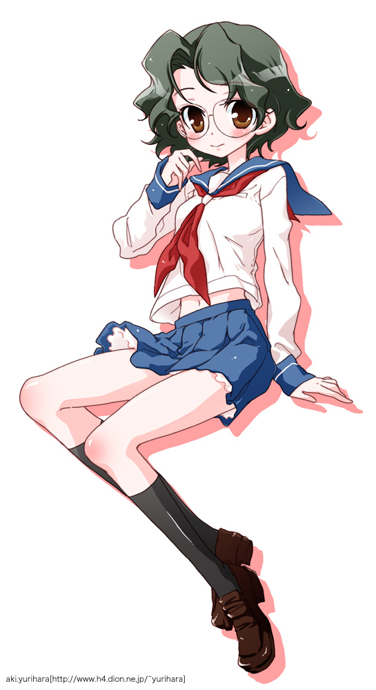 yurihara aki, someya mako, saki (manga), bad id, bad pixiv id, 00s, brown eyes, glasses, green hair, kneehighs, long sleeves, navel, school uniform, serafuku, short hair, skirt, sleeves past wrists, socks, solo