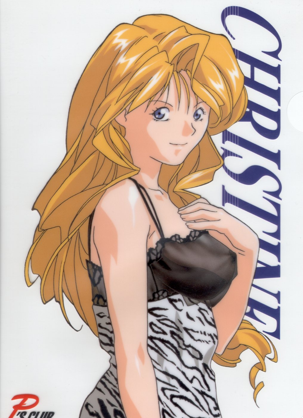 tanaka ryou, christine garland, super real mahjong, highres, 1girl, blonde hair, blue eyes, breasts, character name, female focus, lingerie, long hair, looking at viewer, medium breasts, nipples, see-through silhouette, smile, solo, underwear