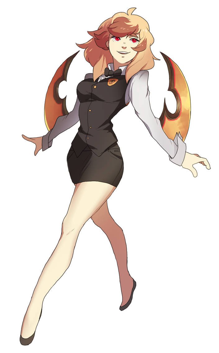 graveweaver, original, 1girl, :d, ahoge, arm blade, black shorts, black vest, blonde hair, bow, bowtie, breasts, brown hair, hair over shoulder, long hair, looking at viewer, multicolored hair, open mouth, outstretched arms, red eyes, shirt, shorts, slippers, smile, smirk, solo, two-tone hair, vest, walking, weapon, white shirt