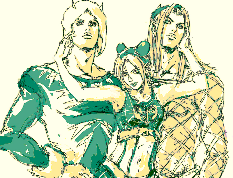 reine (artist), kuujou jolyne, narciso anasui, weather report, jojo no kimyou na bouken, stone ocean, fur, 1girl, 2boys, armpits, arms up, double bun, fabulous, green lips, hat, horns, lipstick, long hair, makeup, midriff, multiple boys, navel, sketch