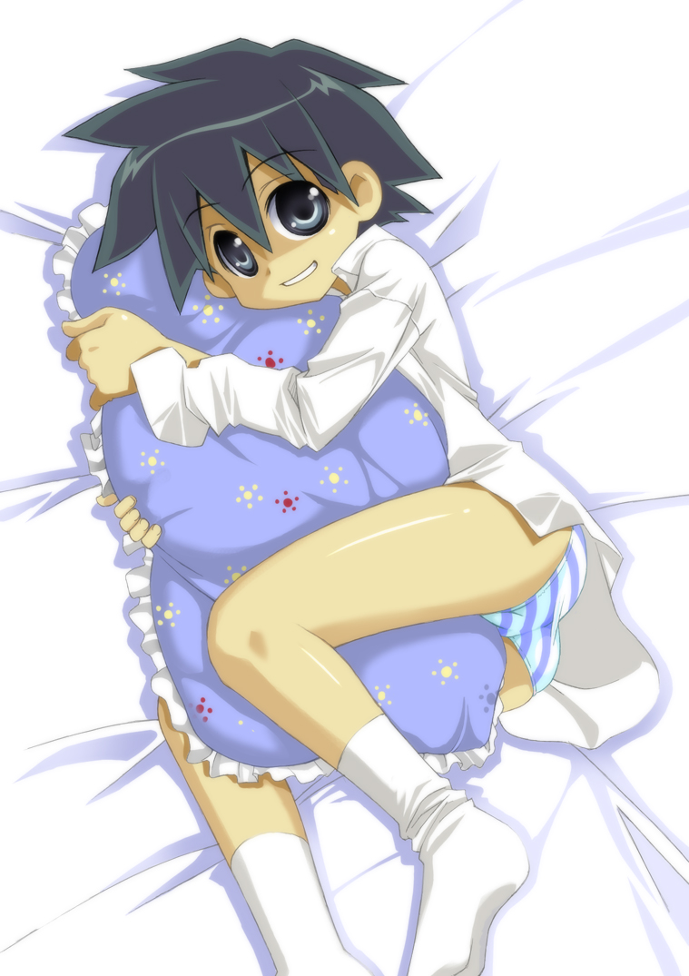 umekichi, tomokane, ga geijutsuka art design class, bad id, bad pixiv id, 00s, 1girl, ass, black hair, blue eyes, cameltoe, dress shirt, female focus, frilled pillow, frills, hugging object, panties, pillow, pillow hug, shirt, socks, solo, striped clothes, striped panties, tomboy, underwear