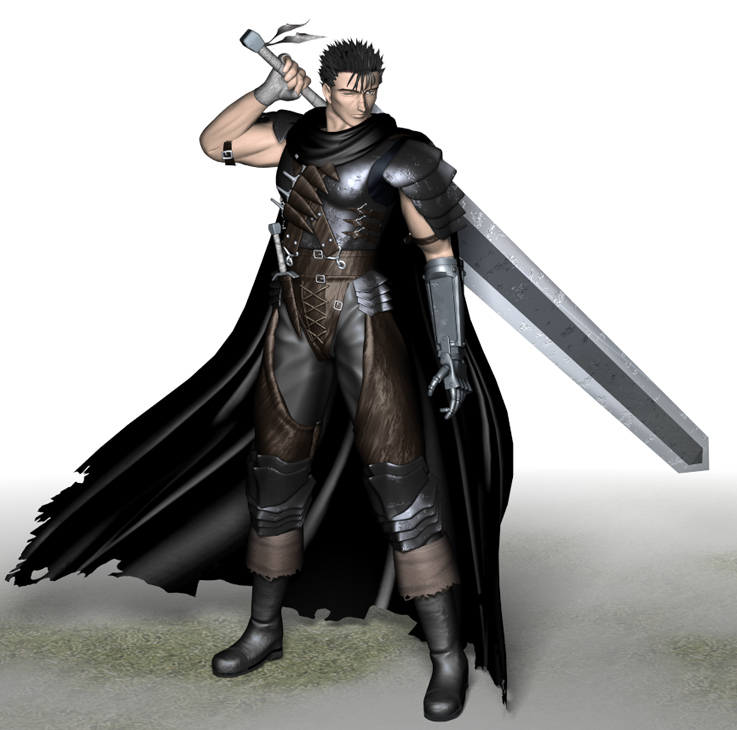 guts (berserk), berserk, 1990s (style), 1boy, 3d, armor, boots, cape, cloak, dragonslayer (sword), fantasy, full body, male focus, retro artstyle, solo, standing, sword, weapon