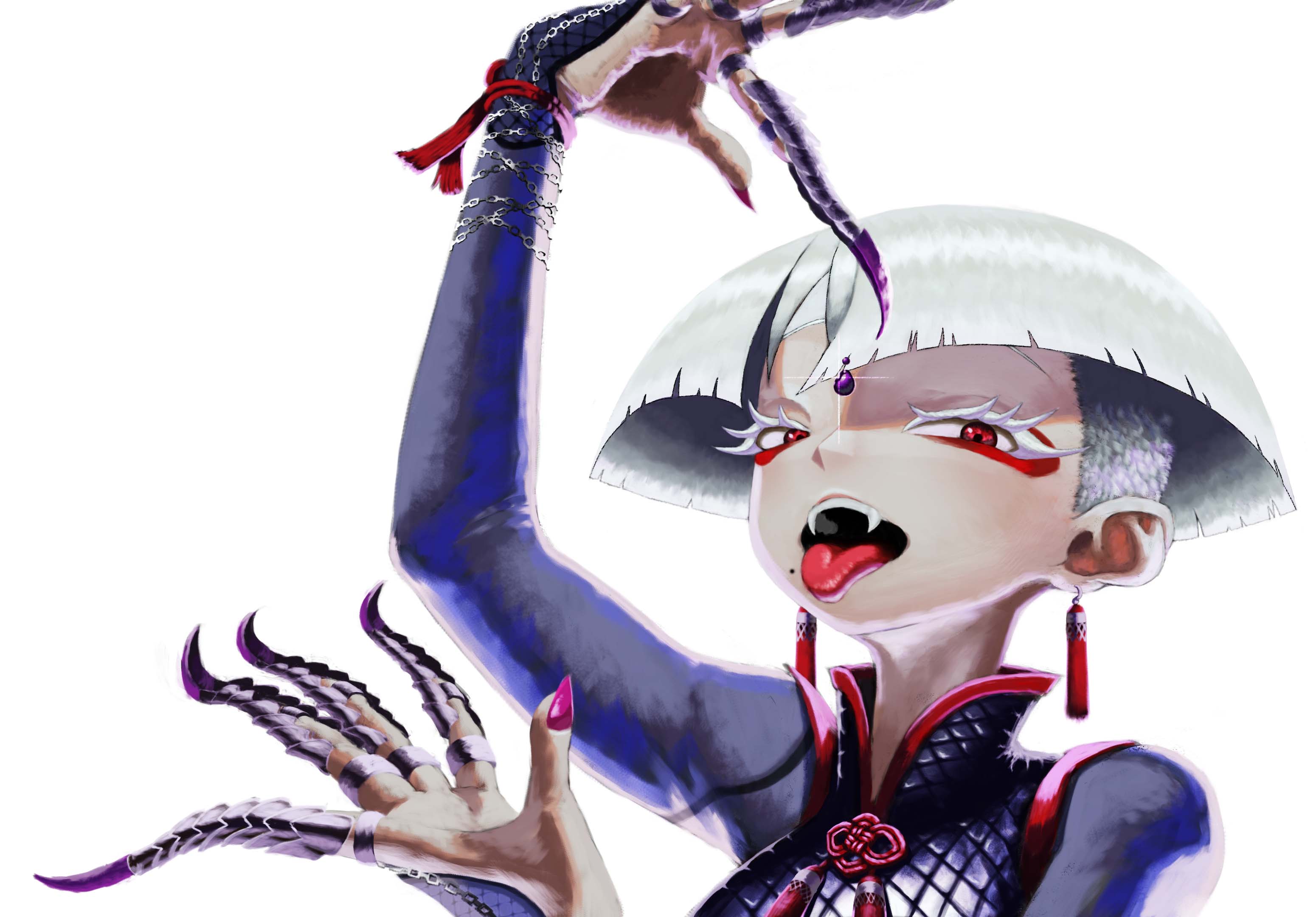 nojob hiro, a.k.i. (street fighter), street fighter, street fighter 6, commentary, highres, 1girl, claw ring, colored eyelashes, earrings, impossible hair, jewelry, mole, mole under mouth, poison, red eyes, simple background, solo, tassel, tassel earrings, tongue, tongue out, white background, white eyelashes