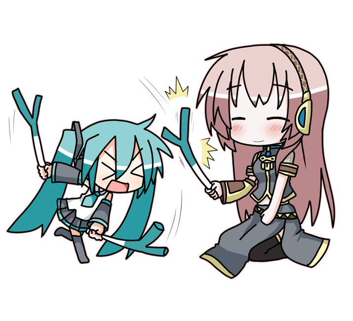minami (colorful palette), chibi miku, hatsune miku, megurine luka, vocaloid, > <, 2girls, aqua hair, blush, chibi, closed eyes, detached sleeves, dual wielding, holding, kneeling, long hair, multiple girls, smile, spring onion, thighhighs, twintails, very long hair