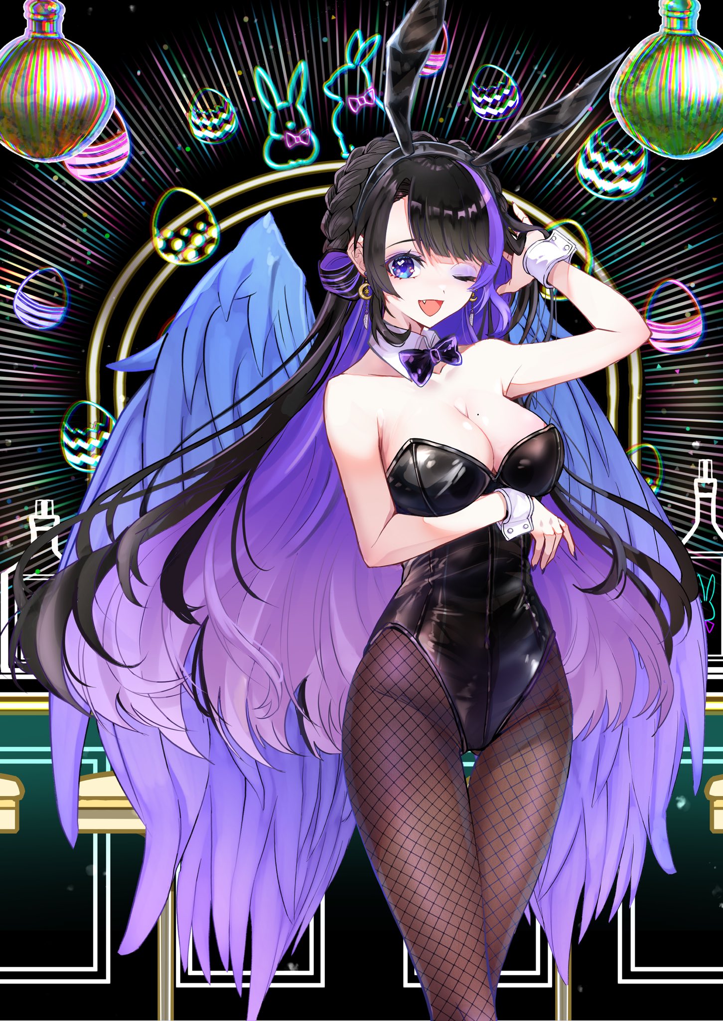 indie virtual youtuber, commentary, commission, english commentary, highres, skeb commission, 1girl, :d, animal ear hairband, animal ears, armpit crease, black hair, black hairband, black leotard, black nails, blue eyes, bow, bowtie, breasts, brown pantyhose, cleavage, colored inner hair, cowboy shot, detached collar, eyeshadow, fake animal ears, fang, fingernails, fishnet pantyhose, fishnets, hairband, highleg, highleg leotard, large breasts, leotard, long hair, looking at viewer, makeup, mole, mole on breast, multicolored hair, nail polish, one eye closed, open mouth, orange bow, orange bowtie, pantyhose, playboy bunny, purple bow, purple bowtie, purple eyeshadow, purple hair, purple streaks, rabbit ear hairband, rabbit ears, smile, solo, strapless, strapless leotard, streaked hair, swept bangs, thigh gap, virtual youtuber, white wrist cuffs, wings, wisteria starling, wrist cuffs, xxcaaan
