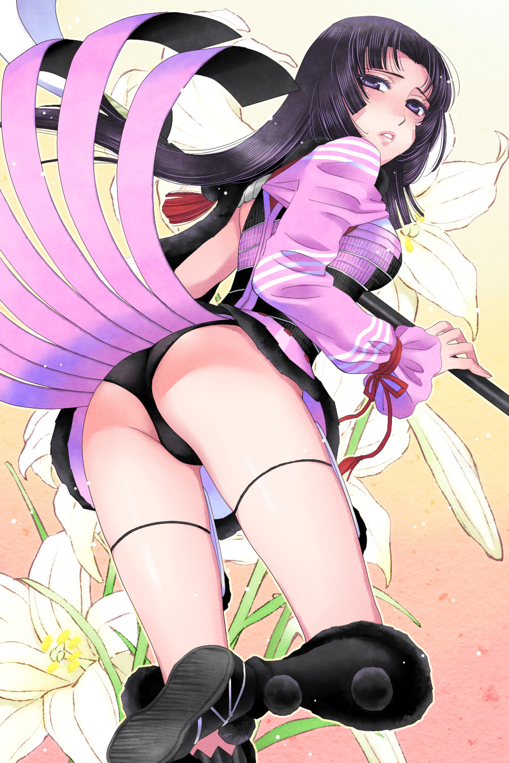 ki (pixiv239687), oichi, oichi (sengoku basara), sengoku basara, highres, 00s, 1girl, ass, black hair, black panties, boots, female focus, flower, long hair, looking back, panties, pantyshot, purple eyes, skirt, solo, thighs, underwear, upskirt