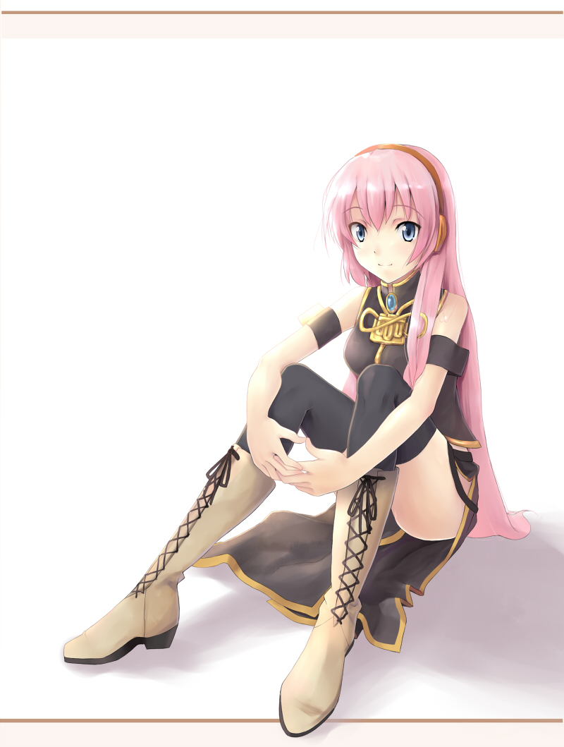 yuki usagi (mofurafu), megurine luka, vocaloid, bad id, bad pixiv id, 1girl, blue eyes, boots, detached sleeves, female focus, headphones, headset, long hair, pink hair, sitting, solo, thighhighs, yukiusagi