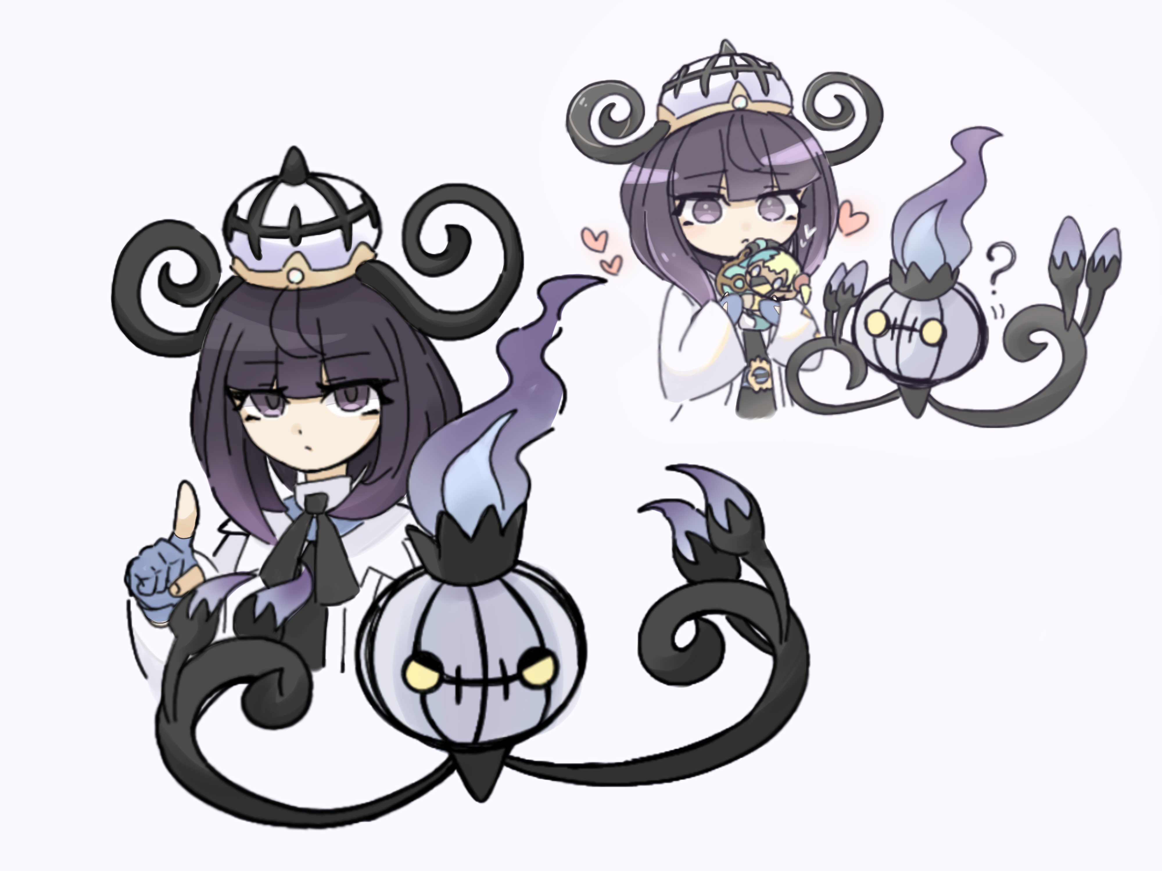 suzu (pixiv 32232702), chandelure, gwynn (pokemon), nintendo, pokemon, pokemon legends: z-a, absurdres, commentary request, highres, 1girl, ?, black dress, black hair, blue gloves, blunt bangs, bob cut, canari plush (pokemon), character doll, closed mouth, coat, doll, dress, gen 5 pokemon, gloves, gradient hair, hat, heart, holding, holding doll, index finger raised, looking at viewer, multicolored hair, multiple views, open clothes, open coat, partially fingerless gloves, pokemon (creature), purple eyes, purple hair, short hair, upper body, white background, white coat