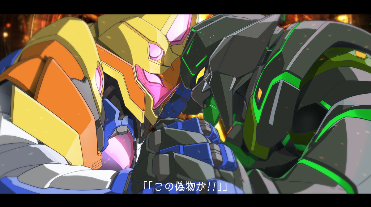 tatuya3363, hanabatake chaika, hanabatake chaika (5th costume), helesta armor, nijisanji, commentary request, translation request, armor, clash, duel, embers, eye contact, glowing, glowing eyes, heads together, holding hands, interlocked fingers, letterboxed, looking at another, mecha, power armor, robot, subtitled, symmetry, virtual youtuber