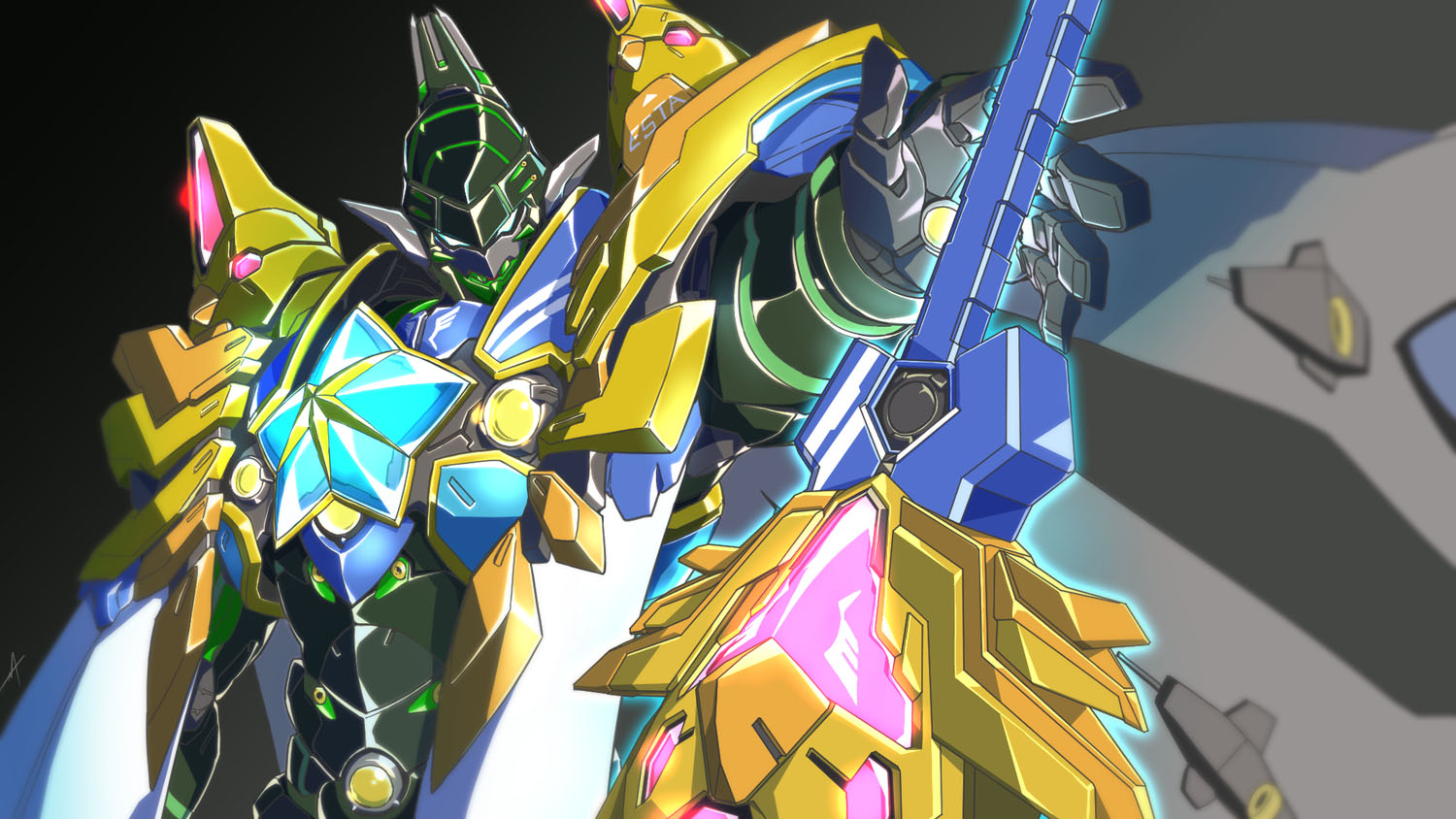 tatuya3363, hanabatake chaika, hanabatake chaika (5th costume), helesta armor, nijisanji, commentary request, armor, fusion, glowing, glowing eyes, glowing weapon, looking at viewer, power armor, reaching, virtual youtuber, weapon