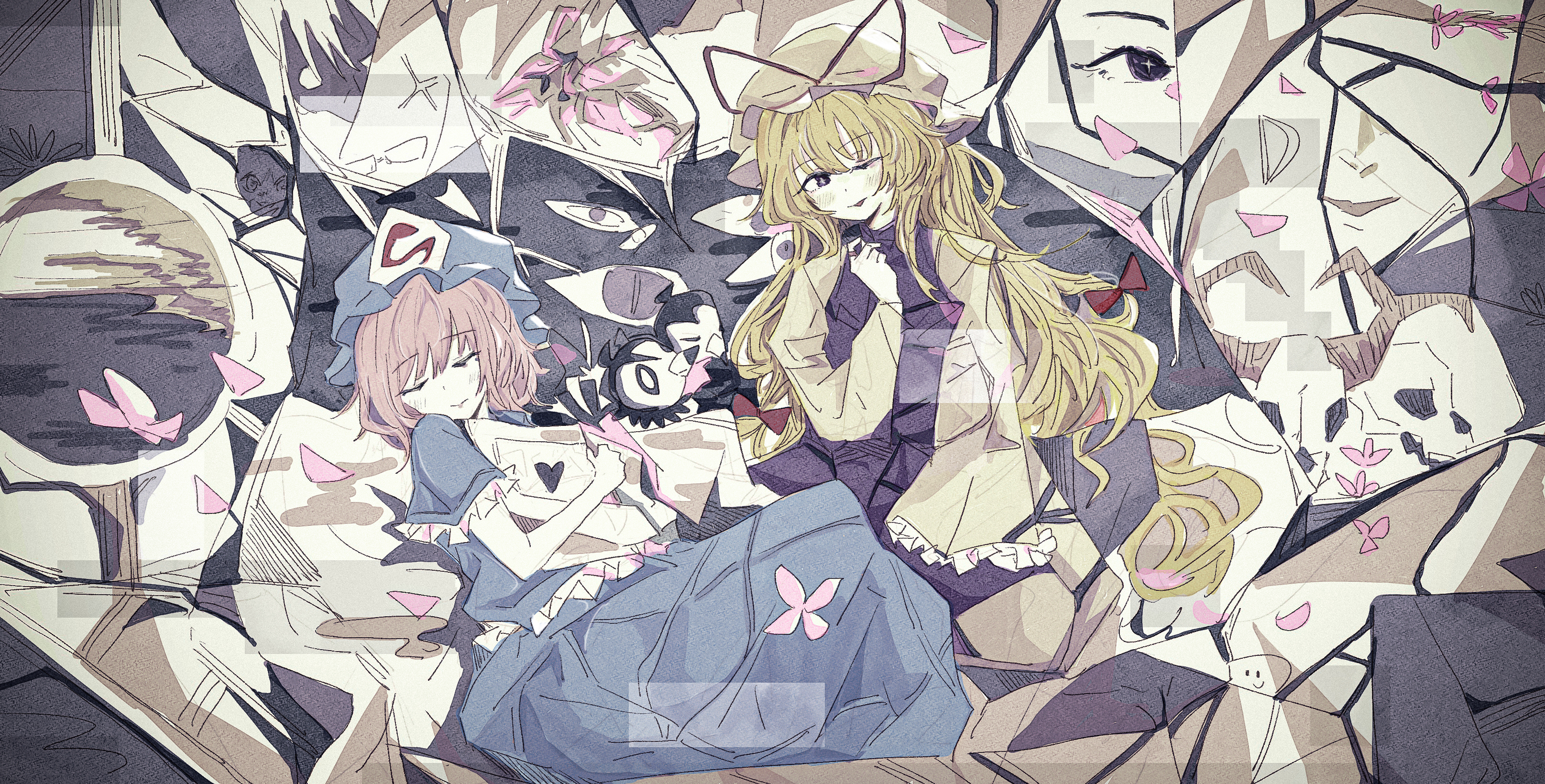 saigyouji yuyuko, yakumo yukari, touhou, absurdres, commentary, highres, 2girls, adapted costume, blonde hair, blue shirt, blue skirt, blush, closed eyes, dress, gap (touhou), hair ribbon, hat, long hair, long sleeves, looking at viewer, medium hair, mob cap, multiple girls, one eye closed, parted lips, pink hair, purple eyes, purple tabard, ribbon, shirt, short sleeves, skirt, sleeping, smile, tabard, user rehz8345, very long hair, white dress