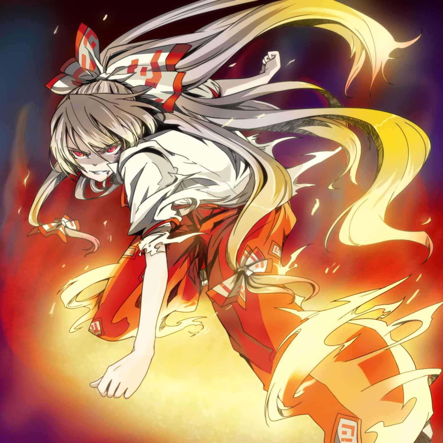 ko->u, fujiwara no mokou, touhou, silver hair, bad id, bad pixiv id, highres, 1girl, bow, clenched teeth, female focus, fire, frown, hair bow, long hair, pants, red eyes, ribbon, slit pupils, solo, teeth, very long hair