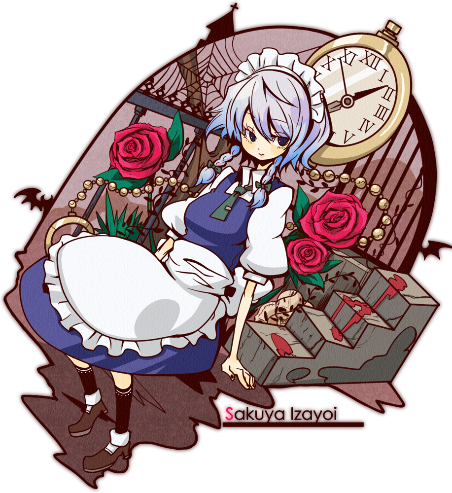 ko->u, izayoi sakuya, touhou, silver hair, bad id, bad pixiv id, 1girl, blue eyes, braid, clock, female focus, flower, hairband, maid, nature, outdoors, plant, ribbon, rose, solo, twin braids, white background