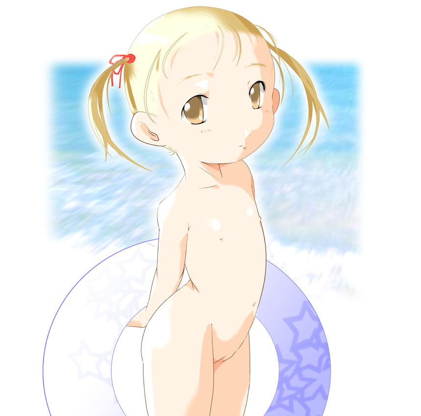 yuumin, original, 1girl, beach, blonde hair, cleft of venus, cowboy shot, female focus, innertube, loli, nude, pussy, ribbon, solo, swim ring, twintails, yellow eyes