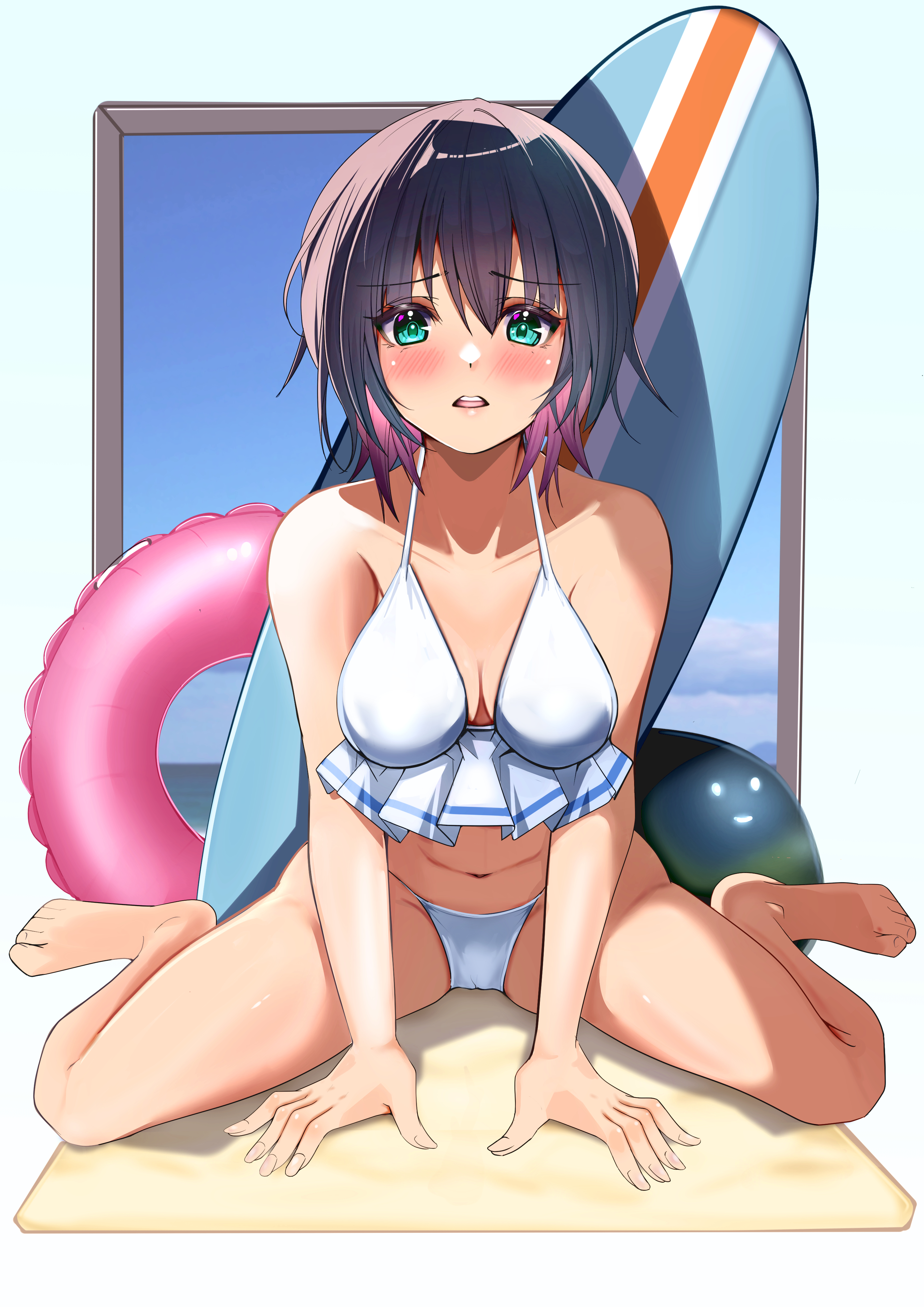 natsuki (muravito), aoi erika, heaven burns red, absurdres, highres, 1girl, aqua eyes, ball, barefoot, beach, beach towel, beachball, bikini, black hair, blush, breasts, cameltoe, collarbone, colored inner hair, feet, frilled bikini, frills, full body, green eyes, looking at viewer, medium breasts, medium hair, multicolored hair, narby (heaven burns red), navel, open mouth, pink hair, purple hair, sand, short hair, sitting, solo, surfboard, swim ring, swimsuit, teeth, towel, two-tone hair, wariza, white bikini, window