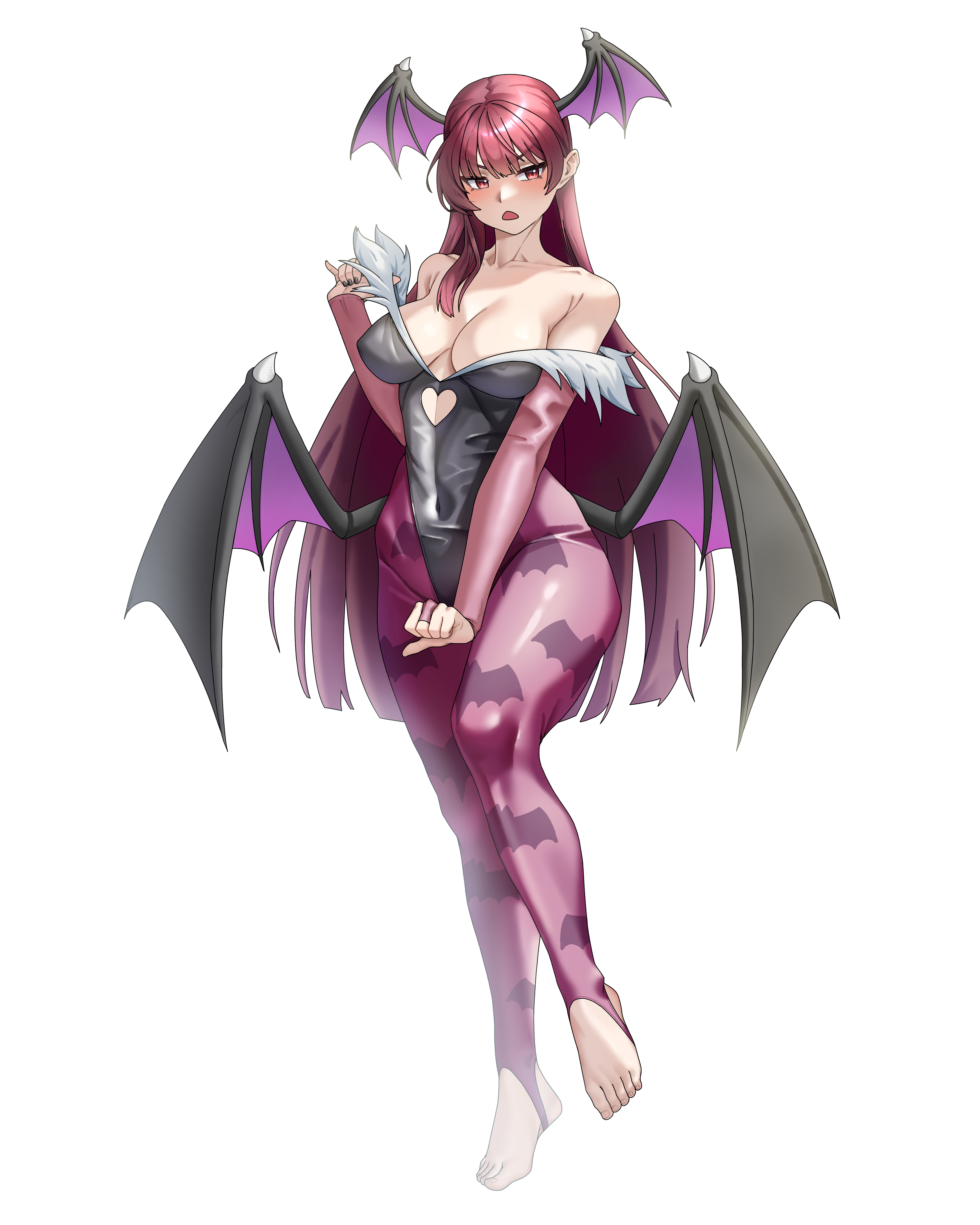 park ppaeng i, morrigan aensland, wa2000 (girls' frontline), darkstalkers, girls' frontline, absurdres, commentary, english commentary, highres, 1girl, animal print, bat print, bat wings, black leotard, black nails, breasts, collarbone, cosplay, feet, head wings, large breasts, leotard, long hair, looking at viewer, low wings, morrigan aensland (cosplay), open mouth, pantyhose, pink pantyhose, purple hair, red eyes, simple background, solo, stirrup legwear, toeless legwear, toes, white background, wings