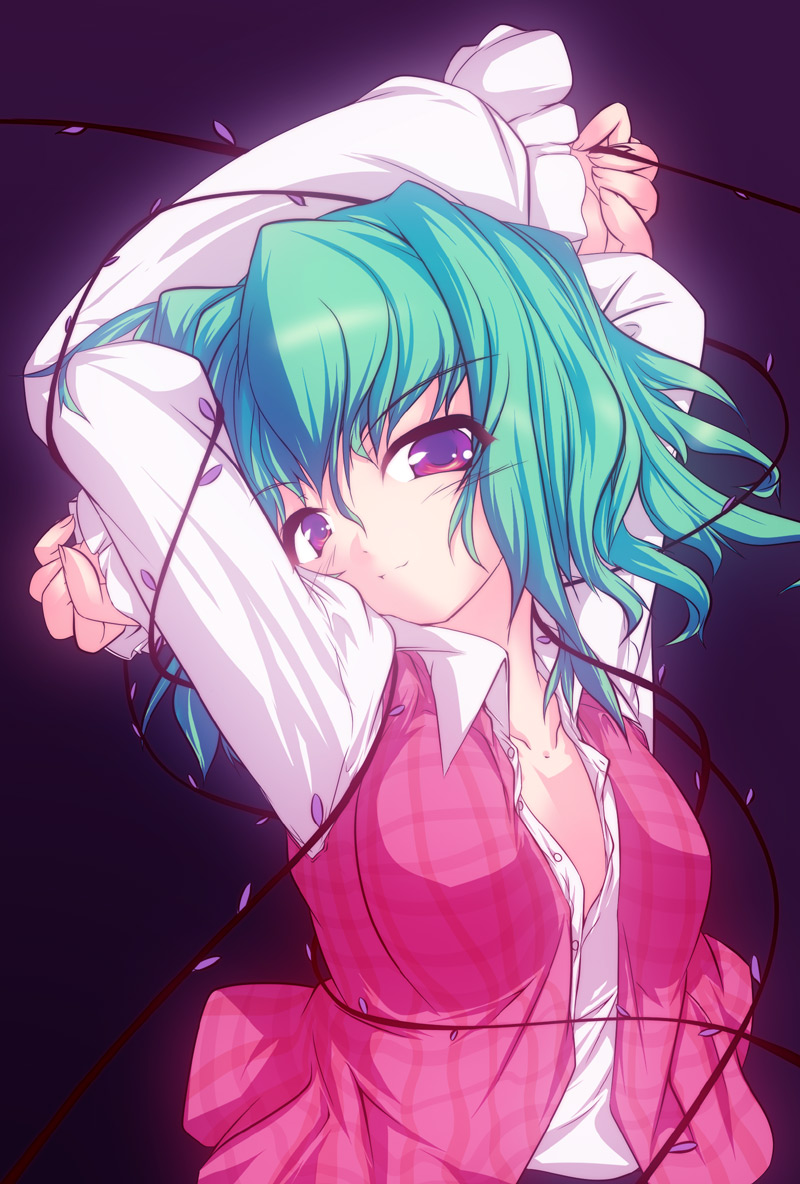 akatsuki shimeji, kazami yuuka, touhou, bad id, bad pixiv id, 1girl, arms up, breasts, female focus, green hair, medium breasts, plaid clothes, plaid vest, plant, red eyes, short hair, solo, vest, vines