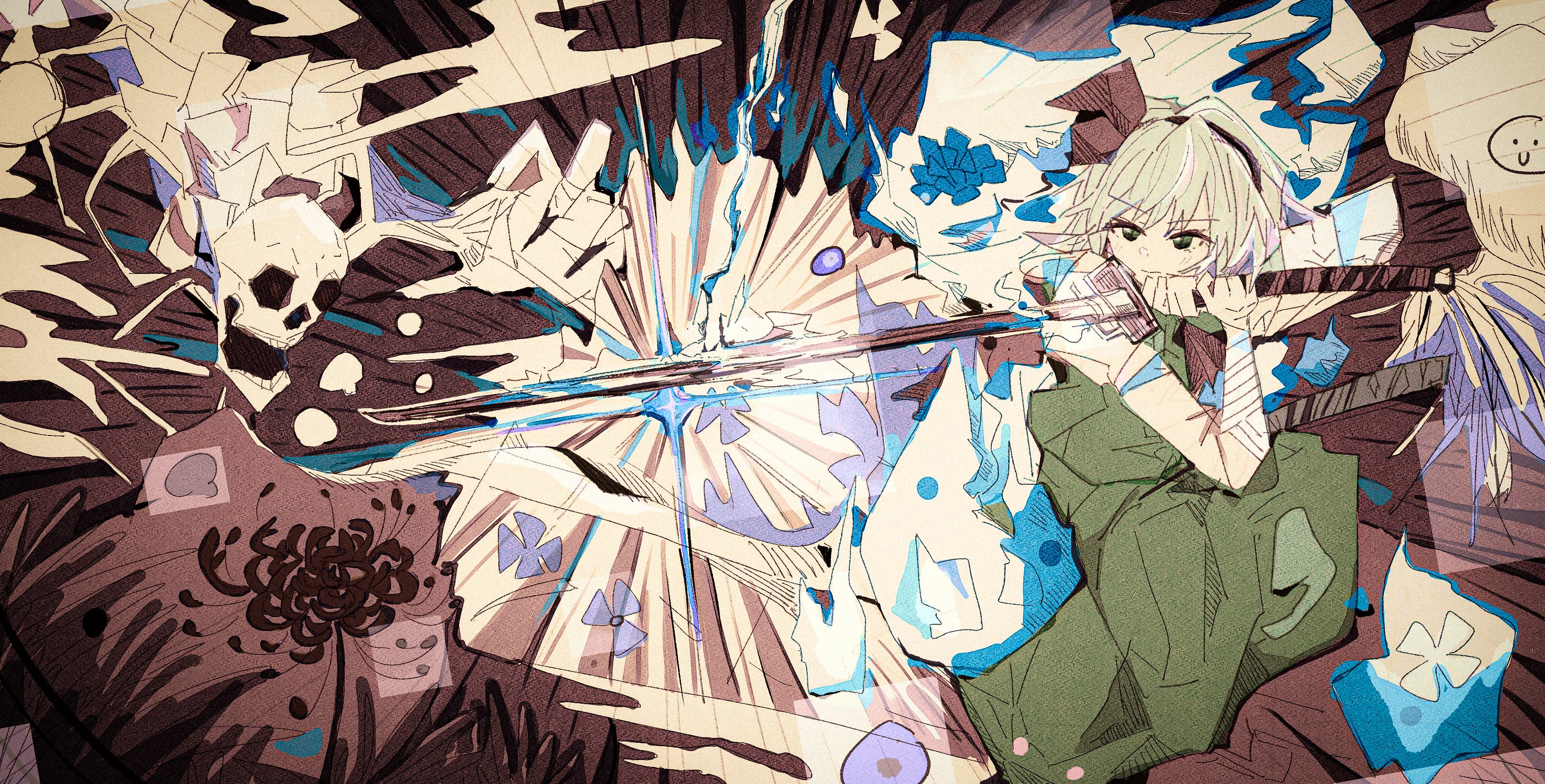 konpaku youmu, konpaku youmu (ghost), touhou, absurdres, highres, 1girl, bandaged arm, bandages, closed mouth, expressionless, flower, green eyes, green skirt, green vest, hairband, hitodama, holding, holding sword, holding weapon, katana, medium hair, shirt, skeleton, skirt, spider lily, sword, user rehz8345, vest, weapon, white hair, white shirt