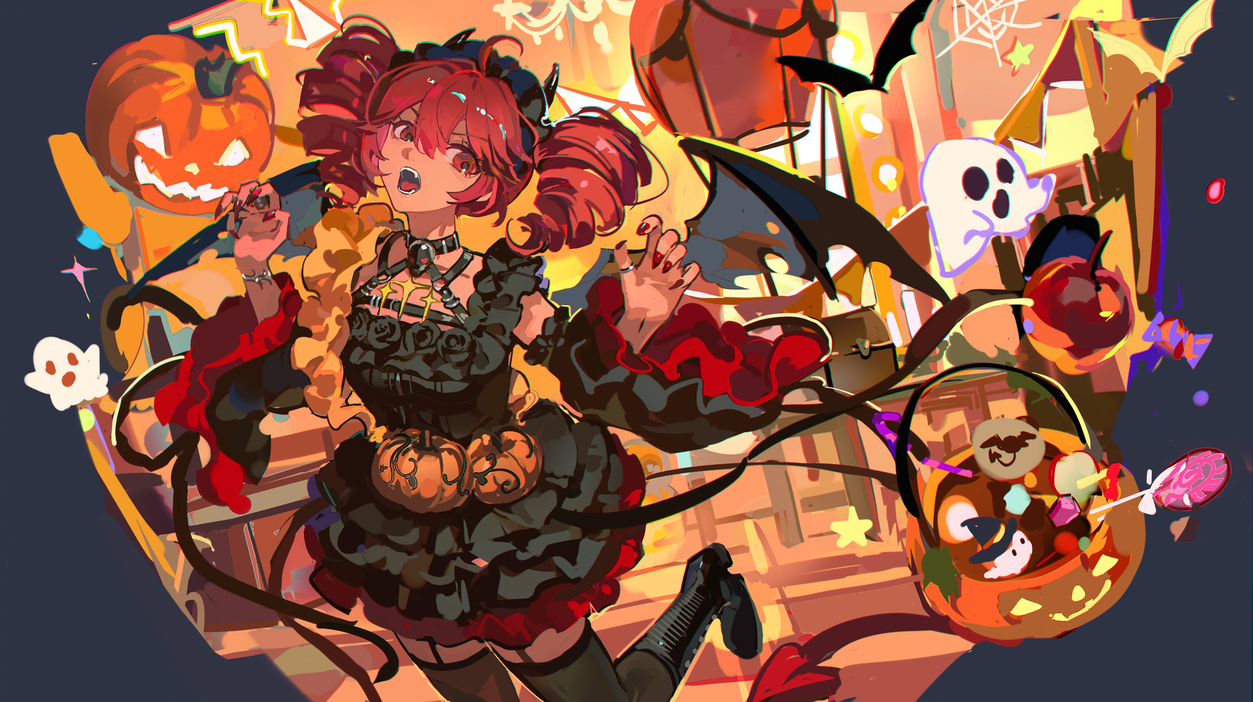 mento, kasane teto, utau, absurdres, highres, 1girl, bat (animal), black boots, black garter straps, black sleeves, black wings, boots, candy, candy apple, claw pose, demon horns, demon tail, demon wings, detached sleeves, dress, drill hair, fangs, food, frills, garter straps, ghost, halloween, halloween bucket, horns, jack-o'-lantern, looking at viewer, musical staff, musical staff print, pumpkin, red nails, silk, solo, spider web, tail, thighhighs, twin drills, wings