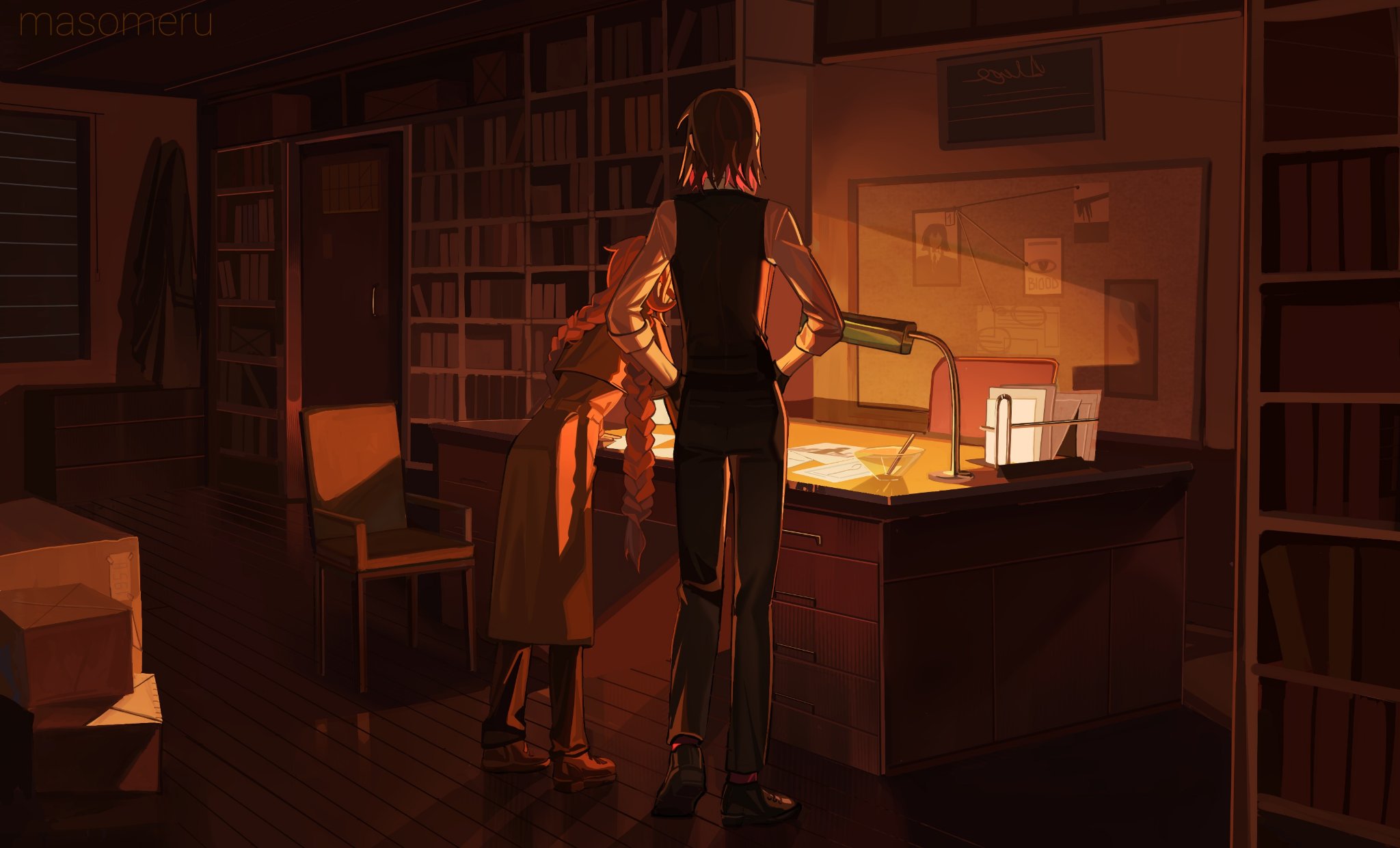 original, commentary, highres, symbol-only commentary, 1boy, 1girl, black gloves, black vest, bookshelf, box, braid, bulletin board, cardboard box, chair, contrapposto, desk, desk lamp, dim lighting, dress, full body, gloves, hands in pockets, indoors, lamp, leaning forward, long hair, ma someru, paper stack, shirt, very long hair, vest, white shirt