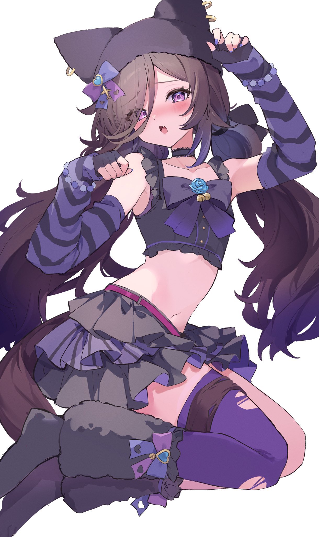 mola mola, mayano top gun (rockin' mewmeow) (umamusume), mayano top gun (umamusume), rice shower (umamusume), umamusume, commentary, highres, 1girl, alternate costume, animal ear headwear, animal ear piercing, arm up, arm warmers, bare shoulders, bead bracelet, beads, beanie, bell, belt, black boots, black bow, black bowtie, black choker, black gloves, black hat, black ribbon, black skirt, blue flower, blue gemstone, blue ribbon, blue rose, blush, boots, bow, bowtie, bracelet, brown hair, brown tail, buttons, cat day, choker, clothing cutout, corsage, cosplay, crop top, dot nose, double-parted bangs, eyes visible through hair, fake animal ears, fang, feet out of frame, fingerless gloves, fingernails, flat chest, flipped bangs, flower, footwear ribbon, frilled straps, frills, fur boots, gem, gloves, hair between eyes, hair ribbon, hand up, hat, heart-shaped gem, heart cutout, horse girl, horse tail, jewelry, jingle bell, lace-trimmed choker, lace trim, layered skirt, legs folded, long bangs, long hair, long hair between eyes, looking at viewer, low twintails, mayano top gun (umamusume) (cosplay), midriff, miniskirt, multiple piercings, nail polish, navel, neck bell, nose blush, open mouth, paw pose, pink belt, purple arm warmers, purple eyes, purple nails, purple ribbon, purple thighhighs, raised inner eyebrows, ribbon, rose, simple background, single thighhigh, skin fang, skirt, solo, striped arm warmers, striped clothes, tail, tail around own leg, thighhighs, torn clothes, torn thighhighs, twintails, twisted torso, two-tone ribbon, very long hair, white background, yabi fashion