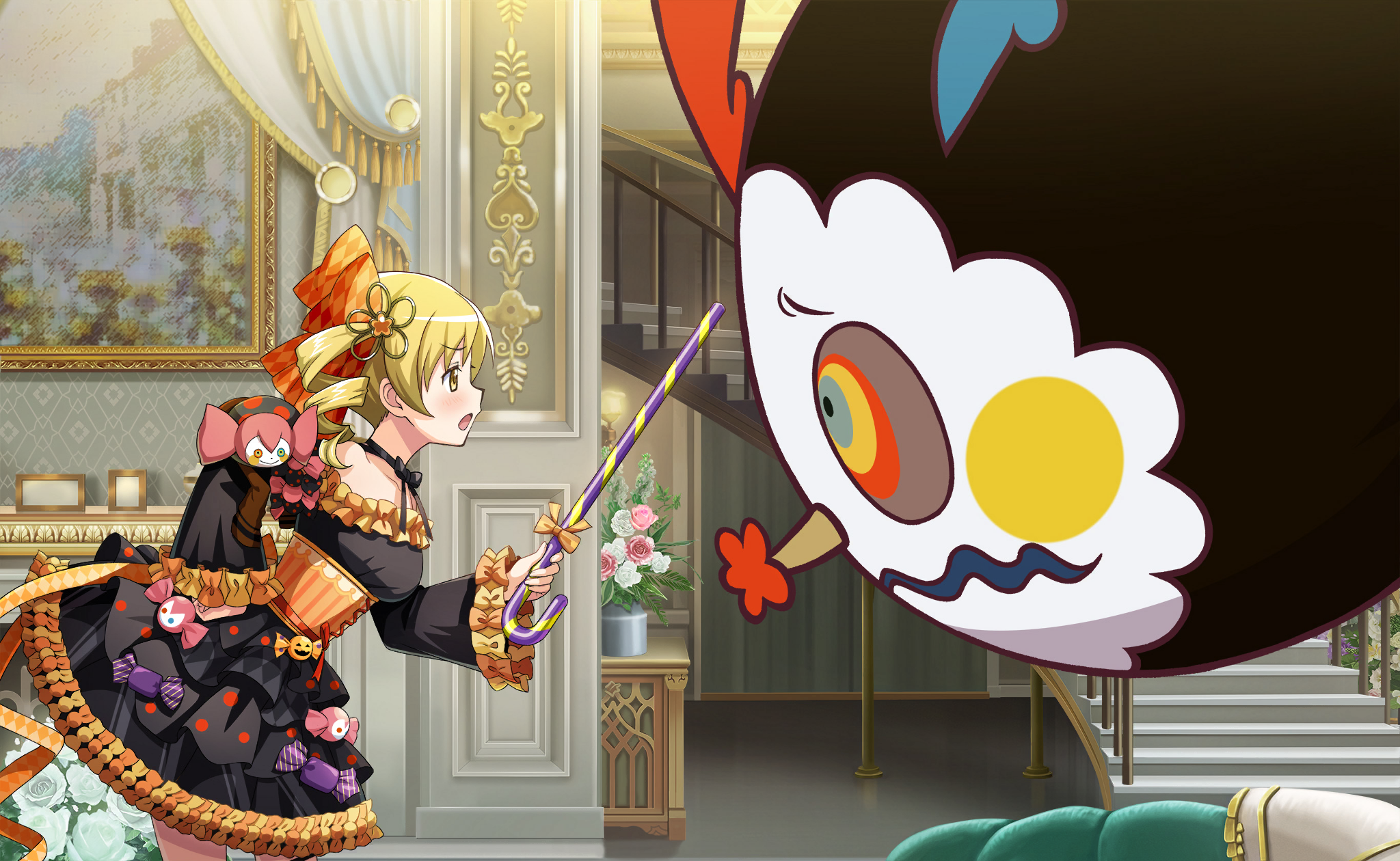 charlotte (madoka magica), tomoe mami, tomoe mami (bebe-o'-lantern), mahou shoujo madoka magica, mahou shoujo madoka magica magia exedra, artist request, game cg, highres, official art, 1girl, annoyed, argyle bow, bare shoulders, black bow, black bowtie, black choker, black dress, blonde hair, bow, bow choker, bowtie, candy, candy cane, choker, corset, couch, cowboy shot, creature, creature on shoulder, cross-laced clothes, cross-laced corset, curtains, dress, drill hair, fireplace, flower, flower hairpin, food, frilled dress, frilled sleeves, frills, from side, furrowed brow, hair bow, halloween, hand on own hip, holding, holding candy, holding candy cane, holding food, indoors, leaning forward, light blush, living room, long sleeves, looking at creature, medium hair, off-shoulder dress, off shoulder, official alternate costume, on shoulder, open mouth, orange bow, orange corset, painting (object), pink flower, pink rose, pointy nose, polka dot, polka dot dress, red ribbon, ribbon, rose, scolding, short dress, side ponytail, stairs, standing, tareme, vase, vertical-striped corset, waist ribbon, white flower, white rose, wide sleeves, witch (madoka magica), yellow eyes