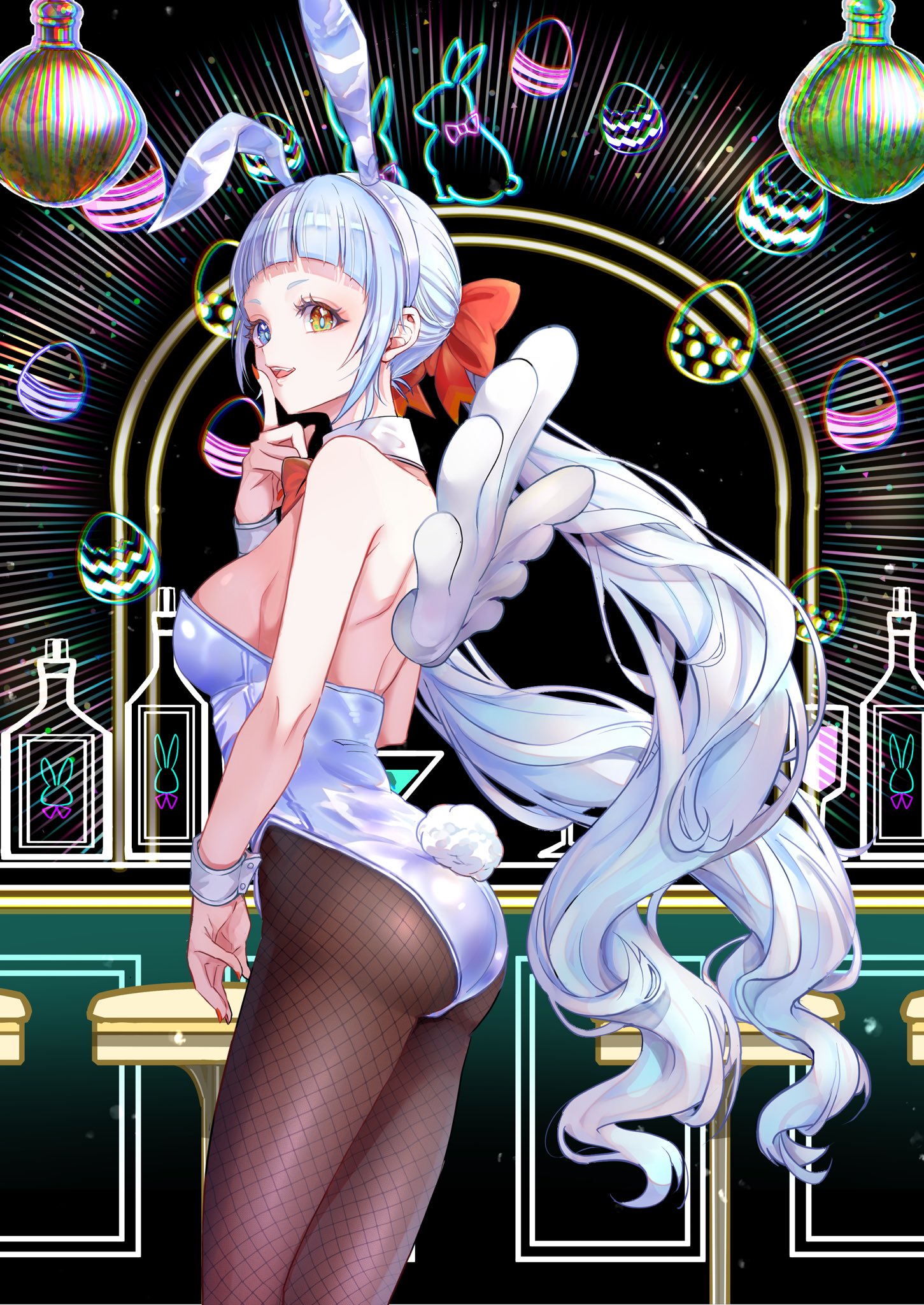 indie virtual youtuber, commentary, commission, english commentary, highres, skeb commission, 1girl, animal ear hairband, animal ears, arched bangs, armpit crease, ass, bow, bowtie, breasts, brown pantyhose, cowboy shot, detached collar, fake animal ears, fake tail, fingernails, fishnet pantyhose, fishnets, hairband, hatori karin, heterochromia, highleg, highleg leotard, large breasts, leotard, long hair, looking at viewer, nail polish, open mouth, orange bow, orange bowtie, pantyhose, playboy bunny, rabbit ear hairband, rabbit ears, rabbit tail, red nails, smile, solo, strapless, strapless leotard, tail, virtual youtuber, white hair, white hairband, white leotard, white wrist cuffs, wings, wrist cuffs, xxcaaan, yellow eyes