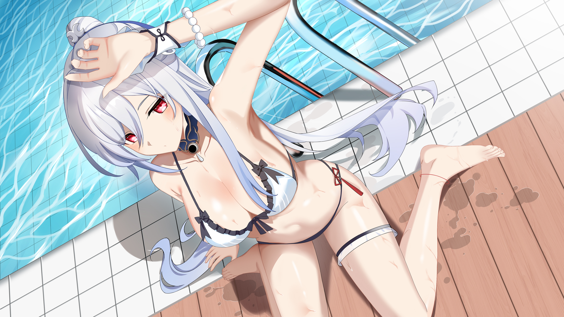 shuming, jingliu (honkai: star rail), honkai: star rail, honkai (series), highres, 1girl, barefoot, bikini, bracelet, breasts, cleavage, from above, grey hair, jewelry, large breasts, long hair, pearl bracelet, poolside, red eyes, sitting, solo, swimsuit, thigh strap, very long hair, white bikini