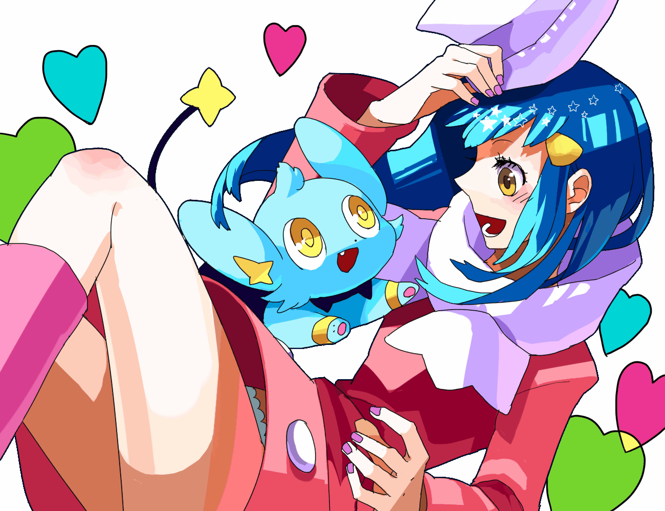 gum (gmng), gumidemo kandero, jam (pixiv172700), dawn (pokemon), shinx, nintendo, pokemon, pokemon dppt, bad id, bad pixiv id, 00s, 1girl, alternate costume, blue hair, boots, coat, gen 4 pokemon, happy, hat, heart, legs, long hair, open mouth, pokemon (creature), scarf, star (symbol), winter clothes, yellow eyes
