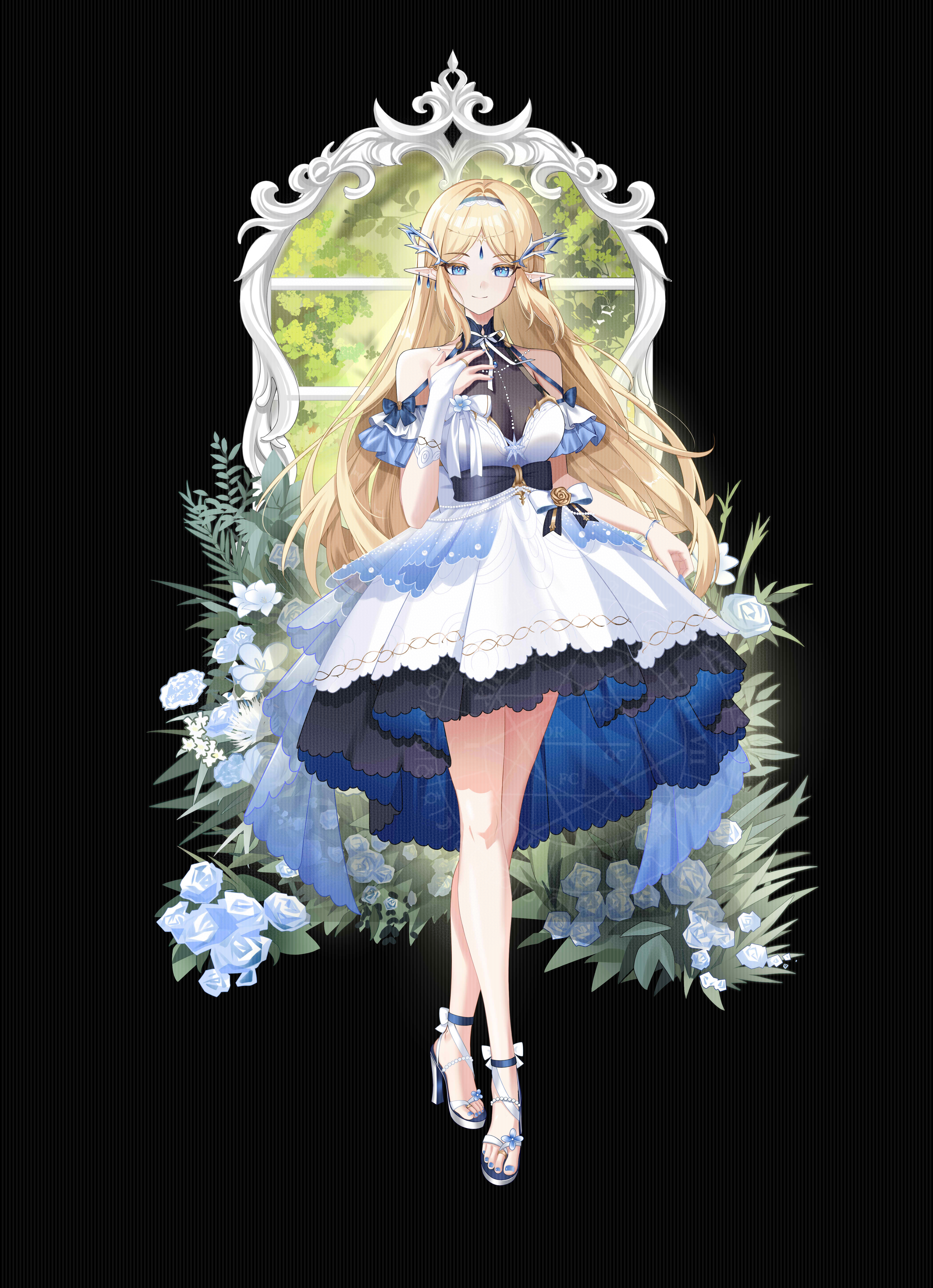 shuming, cartethyia (wuthering waves), wuthering waves, absurdres, highres, 1girl, bare shoulders, blonde hair, blue nails, breasts, bridal gauntlets, closed mouth, dress, full body, high heel sandals, large breasts, long hair, nail polish, pointy ears, sandals, single bridal gauntlet, smile, solo, toenail polish, toenails, very long hair, white dress