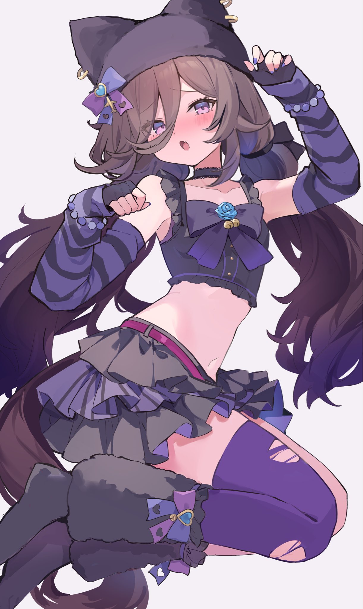 mola mola, mayano top gun (rockin' mewmeow) (umamusume), mayano top gun (umamusume), rice shower (umamusume), umamusume, commentary request, highres, revision, 1girl, alternate costume, animal ear headwear, animal ear piercing, arm up, arm warmers, bead bracelet, beads, bell, belt, black bow, black bowtie, black choker, black gloves, black hat, black ribbon, black skirt, blue flower, blue rose, bow, bowtie, bracelet, buttons, choker, corsage, crop top, dot nose, eyes visible through hair, fake animal ears, feet out of frame, fingerless gloves, fingernails, flat chest, flower, frilled straps, frills, gloves, grey background, hair ribbon, hand up, hat, horse girl, jewelry, jingle bell, lace-trimmed choker, lace trim, layered skirt, legs folded, looking at viewer, low twintails, midriff, multiple piercings, nail polish, navel, neck bell, paw pose, pink belt, purple arm warmers, purple nails, ribbon, rose, simple background, skirt, solo, striped arm warmers, striped clothes, twintails, yabi fashion