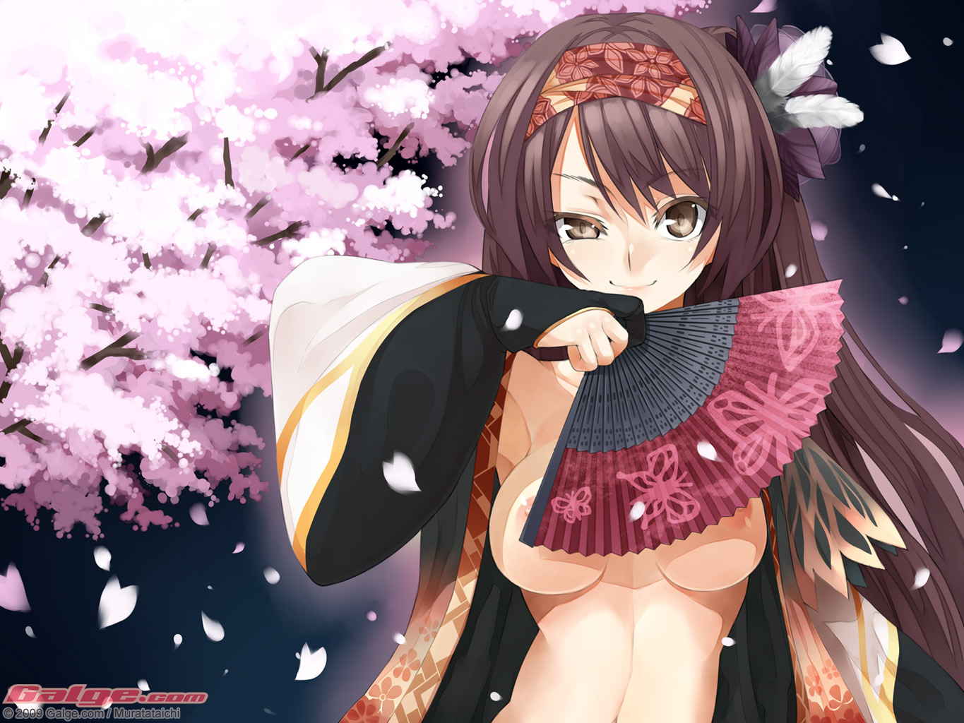 muratataichi, galge.com, 1girl, 2009, armpits, breasts, brown eyes, brown hair, cherry blossoms, female focus, hand fan, headband, japanese clothes, kimono, large breasts, long hair, nipple slip, nipples, open clothes, petals, smirk, solo