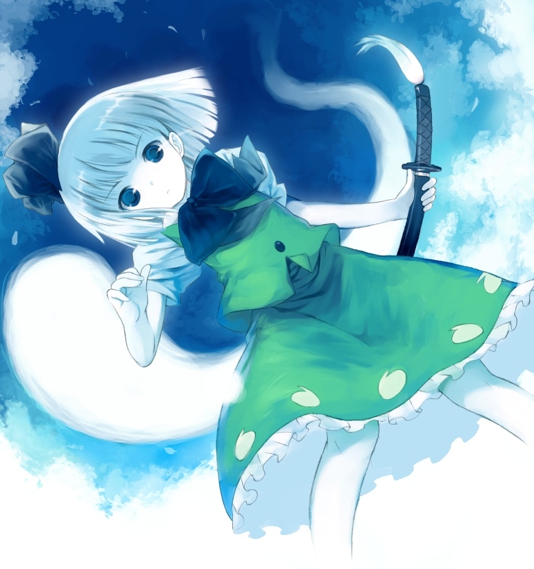 kurasuke, konpaku youmu, konpaku youmu (ghost), touhou, silver hair, 1girl, blue eyes, bow, bowtie, child, dress, female focus, katana, looking at viewer, night, pale skin, petals, short hair, skirt, skirt set, sky, solo, sword, weapon