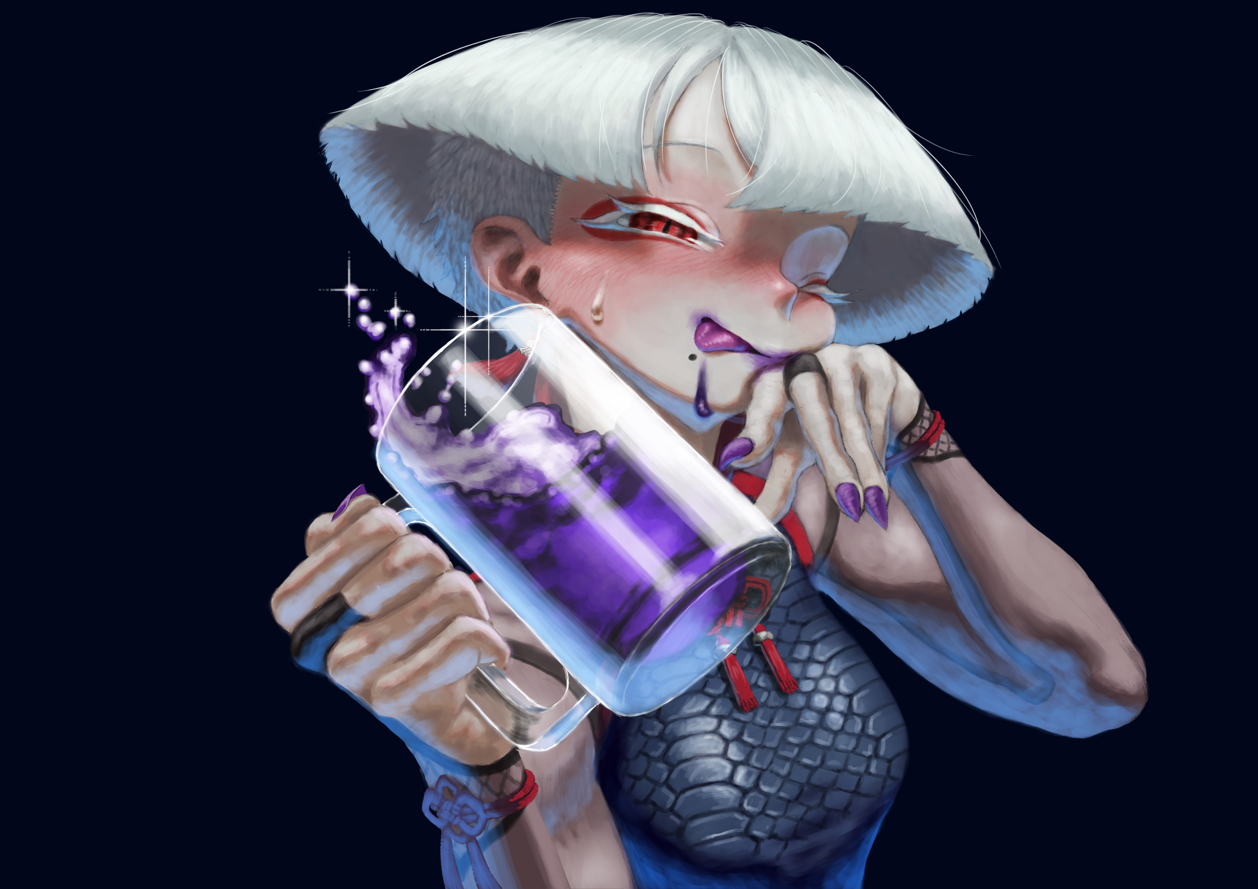 nojob hiro, a.k.i. (street fighter), street fighter, absurdres, commentary, highres, 1girl, colored eyelashes, cup, earrings, impossible hair, jewelry, mole, mole under mouth, mug, one eye closed, poison, purple nails, red eyes, scale print, simple background, solo, tassel, tassel earrings, white eyelashes, white hair