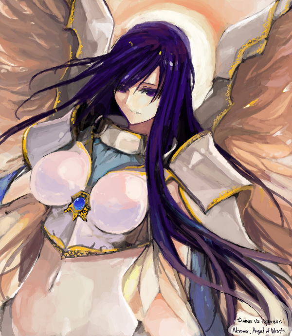 pupps, akroma, magic: the gathering, 1girl, angel, breasts, female focus, large breasts, long hair, midriff, purple eyes, purple hair, solo, wings