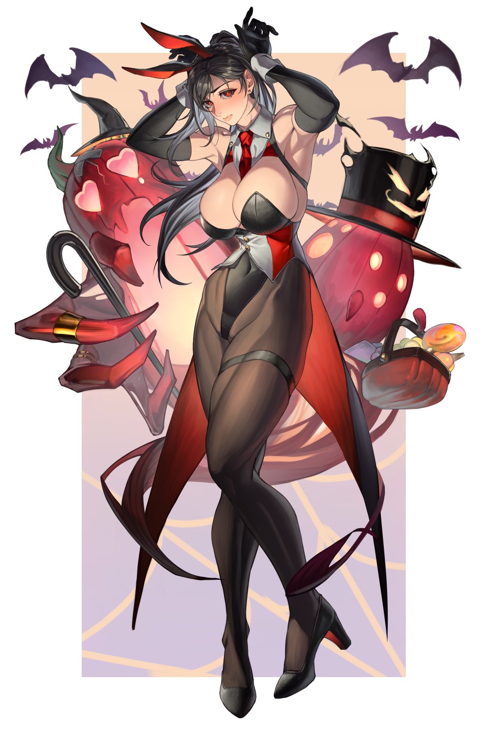 temoc, tifa lockhart, final fantasy, final fantasy vii, final fantasy vii remake, commentary, english commentary, highres, 1girl, animal ear hairband, animal ears, armpits, arms up, bare shoulders, basket, bat (animal), between breasts, black hair, black hat, black leotard, black shoes, blush, border, breasts, brown pantyhose, candy, cleavage, closed mouth, coattails, covered navel, detached collar, earrings, elbow gloves, fake animal ears, food, full body, ghost, gloves, hairband, halloween, halloween costume, hat, heart, heart-shaped eyes, high heels, highleg, highleg leotard, jewelry, large breasts, leotard, lips, long hair, looking at viewer, necktie, outside border, pantyhose, pillarboxed, playboy bunny, playboy bunny vest, rabbit, rabbit ear hairband, rabbit ears, rabbit pose, red eyes, red necktie, shoes, solo, standing, strap between breasts, strapless, strapless leotard, stud earrings, thigh strap, vest, white border, white wrist cuffs, wrist cuffs