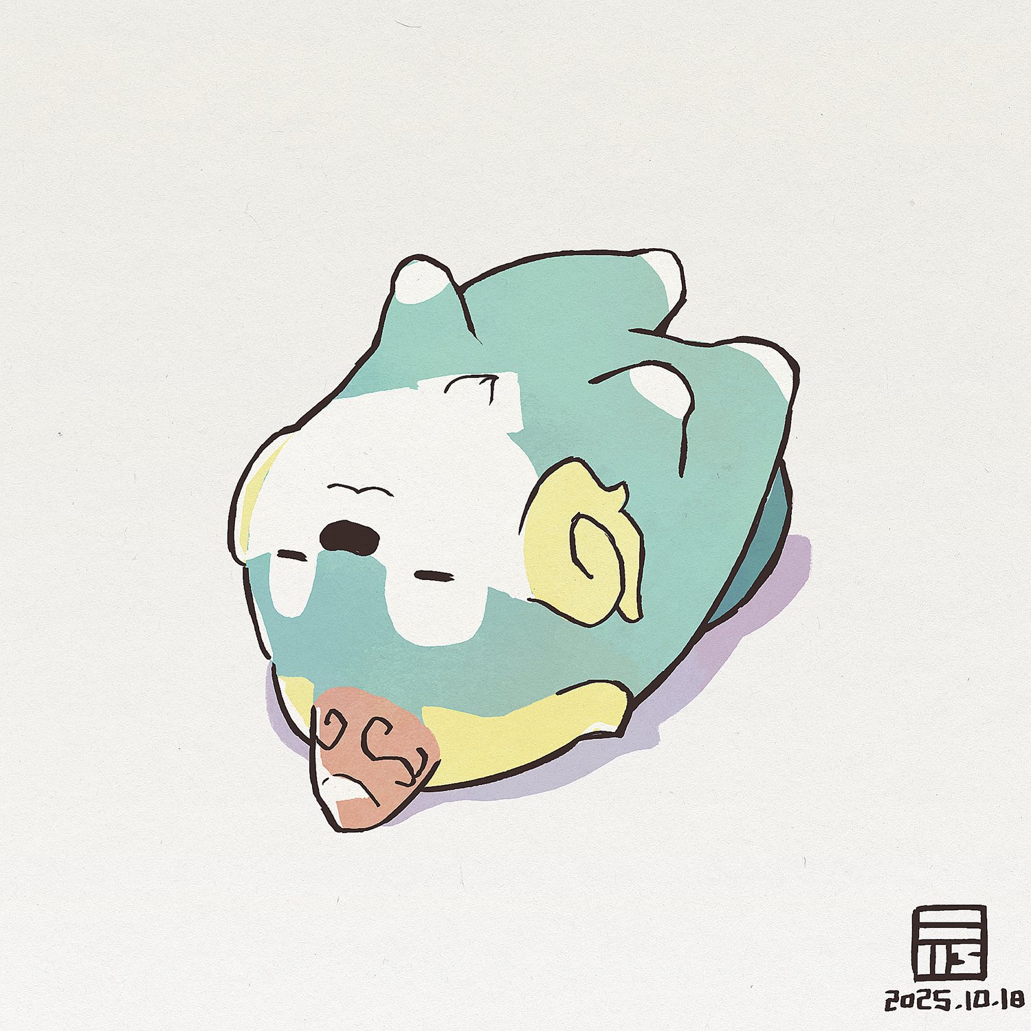 y koichi, tensui no sakuna-hime, commentary request, highres, :3, animal focus, closed eyes, closed mouth, dated, full body, lying, no humans, on back, simple background, solo, tama-jii, white background