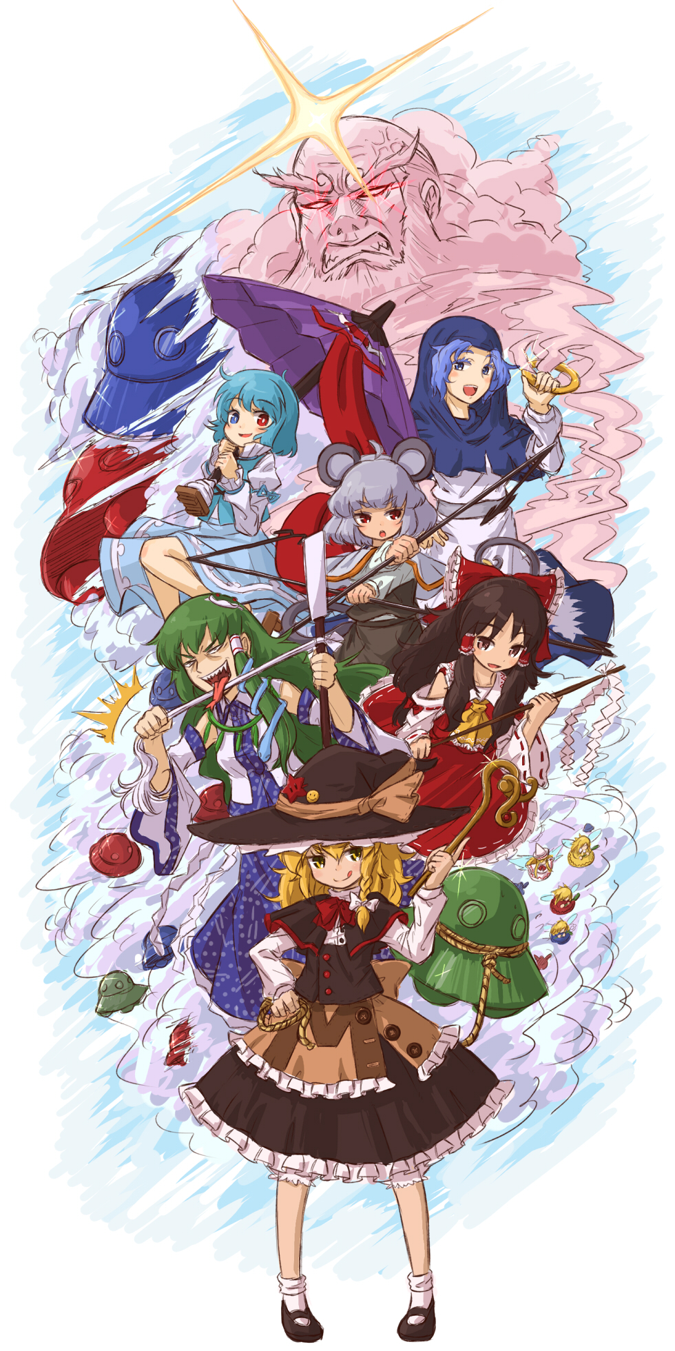 kingin, hakurei reimu, kirisame marisa, kochiya sanae, kumoi ichirin, lily white, nazrin, tatara kogasa, unzan, touhou, undefined fantastic object, highres, 6+girls, :q, anger vein, animal ears, black hair, blonde hair, blue eyes, blue hair, bracelet, braid, brown eyes, cloud, detached sleeves, fairy, frog, gohei, green hair, grey hair, hat, heterochromia, hood, japanese clothes, jewelry, karakasa obake, long hair, miko, mouse ears, mouse tail, multiple girls, rape face, red eyes, ring, sharp teeth, short hair, snake, tail, teeth, tongue, tongue out, ufo, umbrella, wings, witch, witch hat, yellow eyes