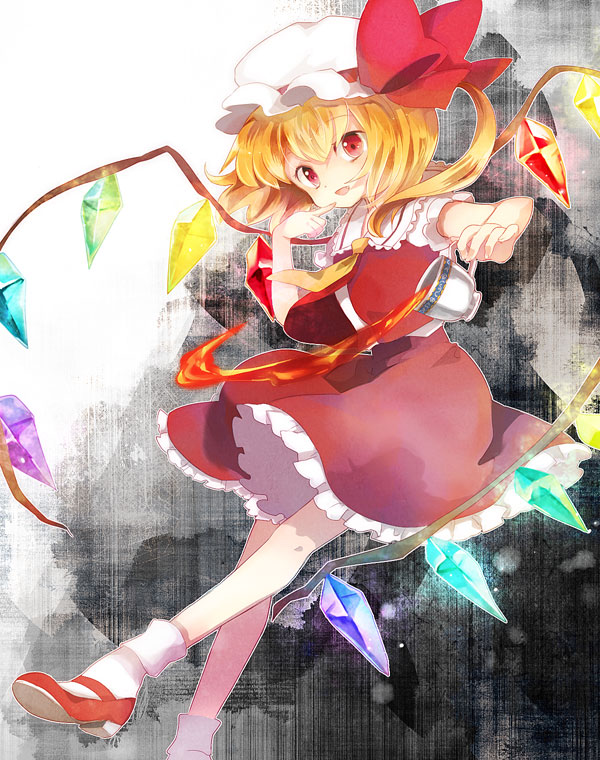 hara yui, flandre scarlet, embodiment of scarlet devil, touhou, 1girl, blonde hair, cup, female focus, hat, legs, ponytail, red eyes, short hair, side ponytail, solo, tea, teacup, wings