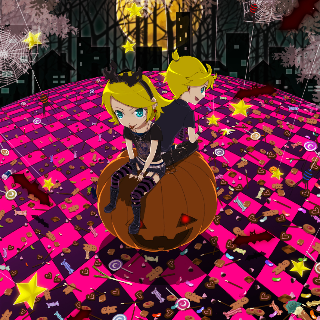 tottsuan, kagamine len, kagamine rin, vocaloid, 1boy, 1girl, aqua eyes, back-to-back, bat (animal), belt, blonde hair, boots, brother and sister, bug, candy, cookie, food, hair ribbon, jack-o'-lantern, jelly bean, pocky, pumpkin, ribbon, short hair, shorts, siblings, spider, spring onion, striped clothes, striped thighhighs, thighhighs, twins