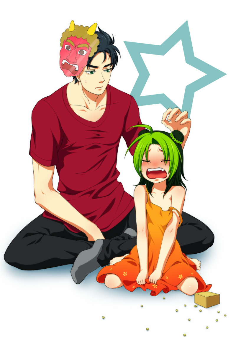 nohko, kuujou jolyne, kuujou joutarou, jojo no kimyou na bouken, stone ocean, 1boy, 1girl, age difference, aged down, barefoot, beans, black hair, blush, child, collarbone, double bun, dress, father and daughter, green eyes, green hair, hair bun, mamemaki, mask, no headwear, oni, open mouth, pants, setsubun, shirt, sitting, socks, spread legs, star (symbol), strap slip, sundress, sweatdrop, t-shirt, tears