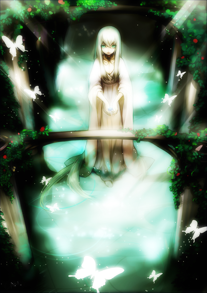 chm, original, bad id, bad pixiv id, highres, blonde hair, bug, butterfly, green eyes, insect, solo