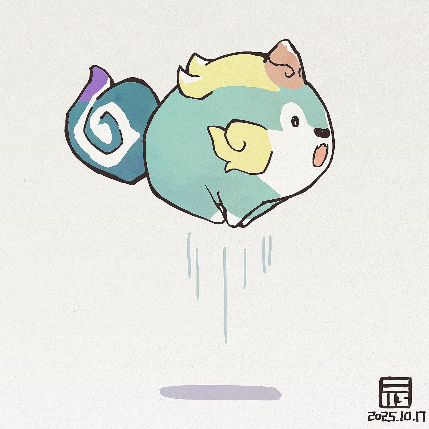 y koichi, tensui no sakuna-hime, commentary request, highres, animal focus, dated, full body, jumping, no humans, open mouth, simple background, solo, tama-jii, white background