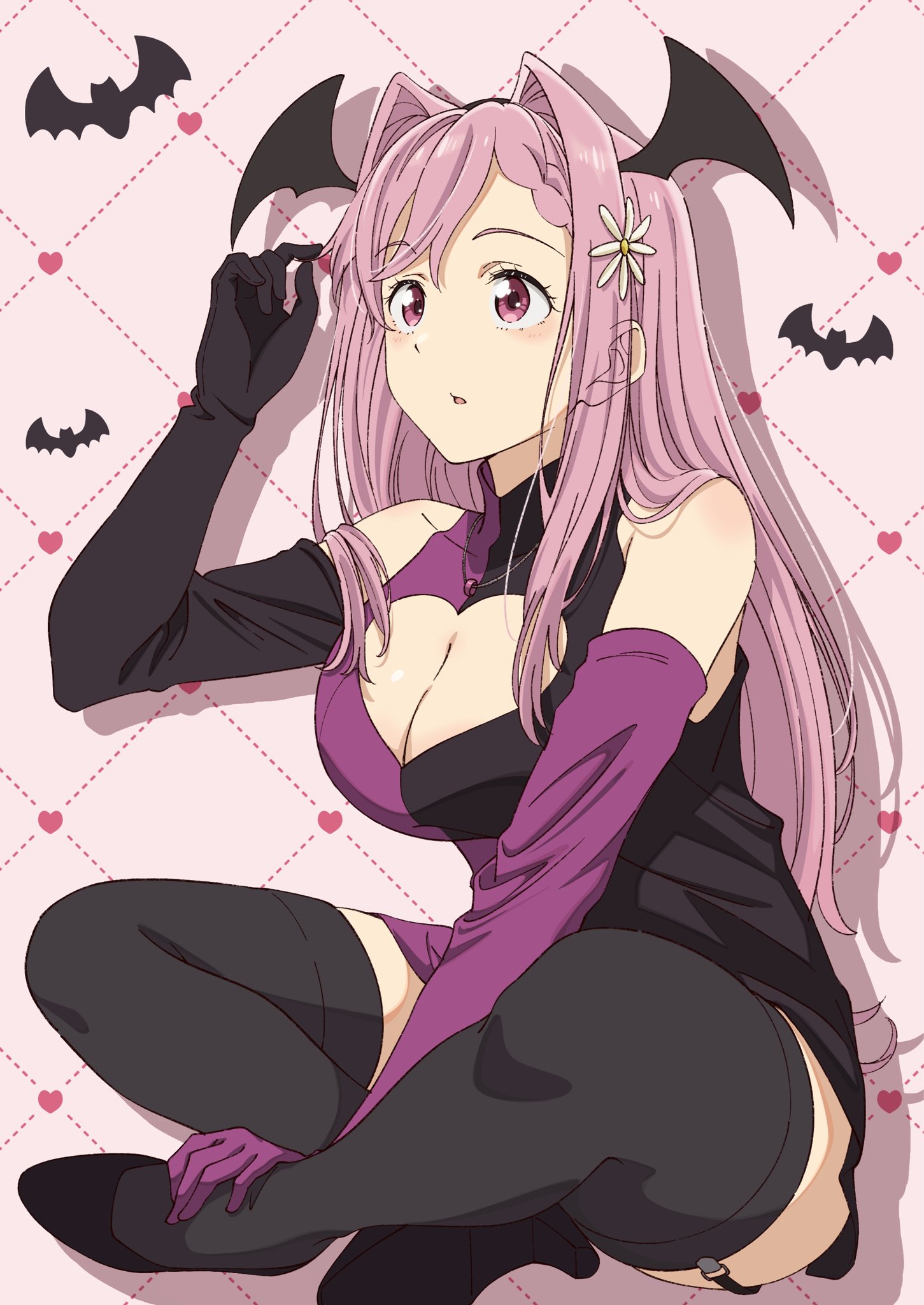 himemiya karen, make heroine ga oo sugiru!, commentary, highres, 1girl, asymmetrical sleeves, bare shoulders, bat wings, black dress, black shoes, black sleeves, black thighhighs, breasts, cleavage, cleavage cutout, clothing cutout, crossed ankles, detached sleeves, dress, fake head wings, flower, full body, hair flower, hair intakes, hair ornament, hand up, large breasts, long hair, meteor (meteor08166), mismatched sleeves, official alternate costume, parted lips, pink background, pink eyes, pink hair, playing with own hair, purple dress, purple sleeves, shoes, short dress, sitting, solo, split-color clothes, thighhighs, two-tone dress, wings